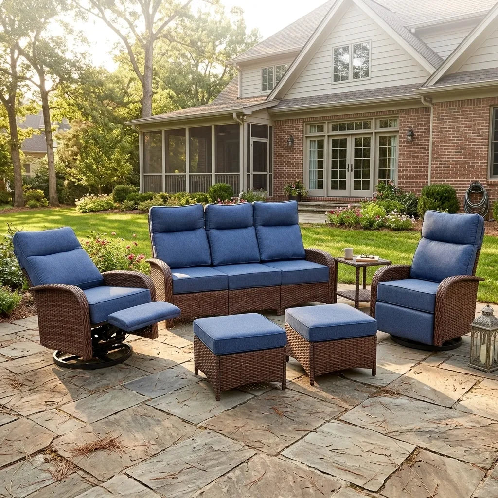 Velscape Blue 6PC Patio Wicker Swivel Glider Recliner Motion Sofa Set
