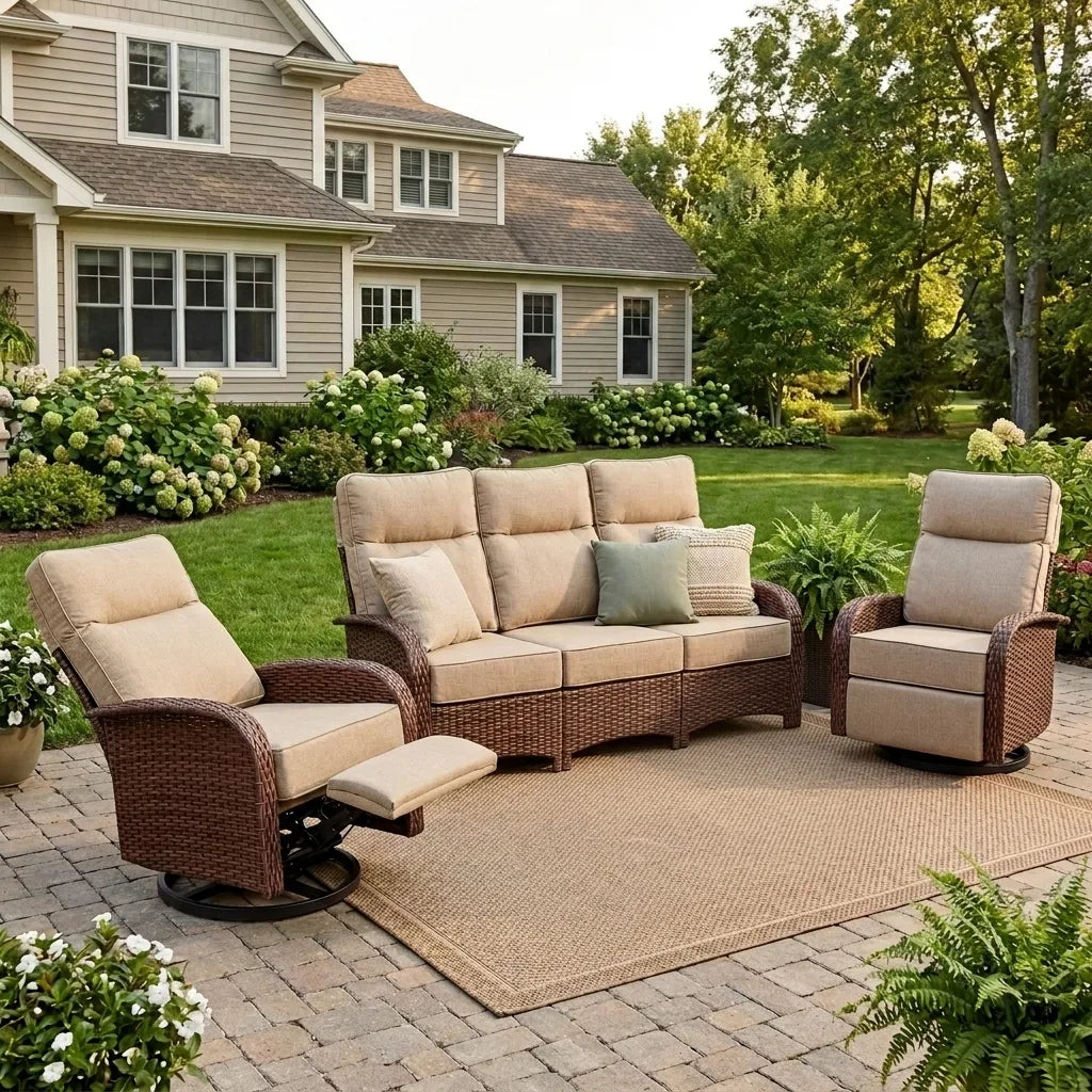 Velscape Beige 3PC Patio Wicker Swivel Glider Recliner Motion Sofa Set