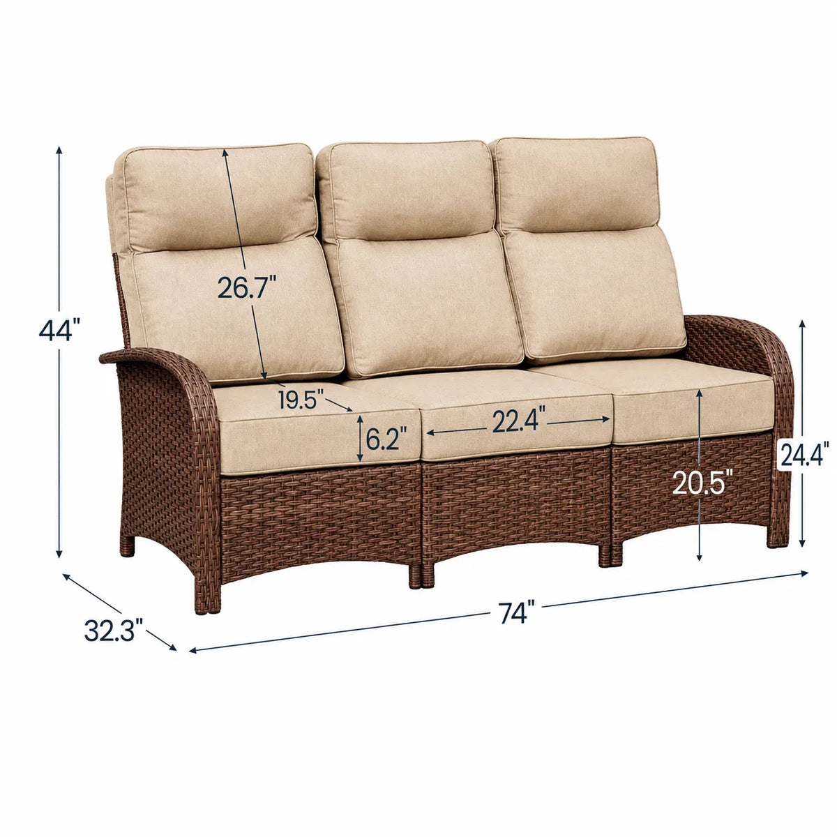 3 Seater Beige Patio Wicker Sofa