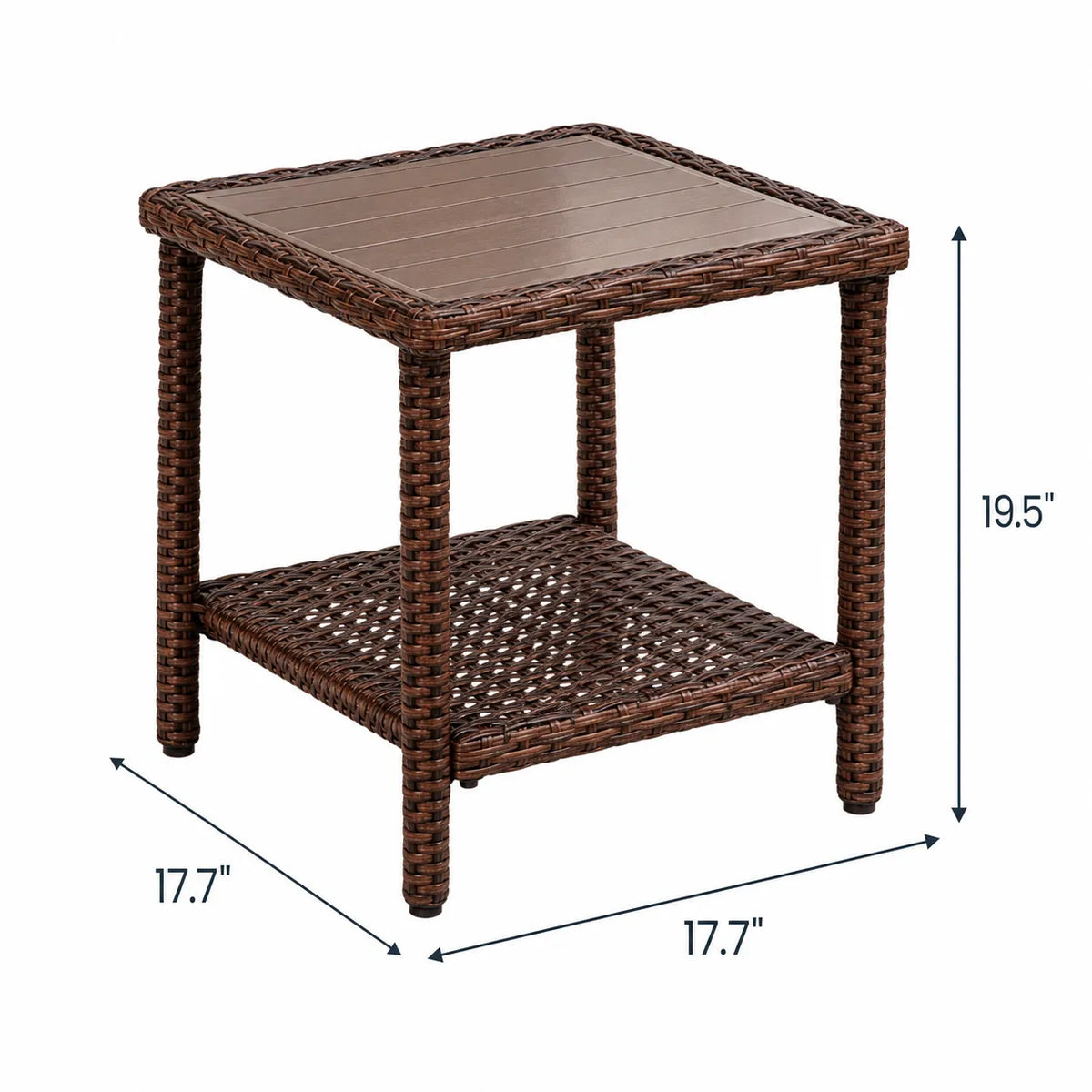Patio Wicker Side Table with Wood-Look Metal Top