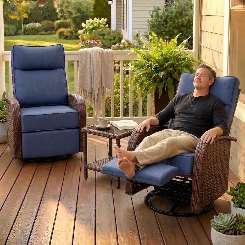 Velscape Blue 3PC 3-in-1 Patio Wicker Swivel Glider Recliners Set