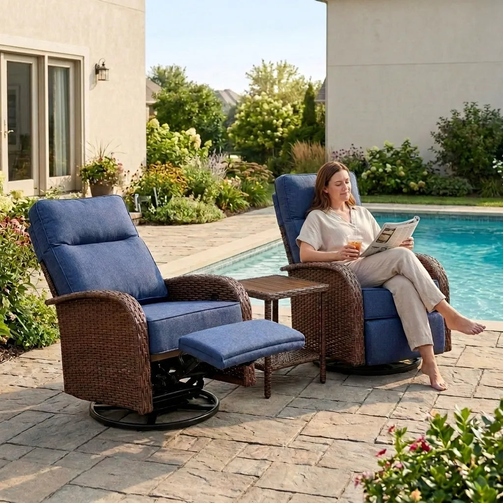 3PC Blue Resort-Grade 3-in-1 Patio Wicker Swivel Glider Recliner Set with Side Table