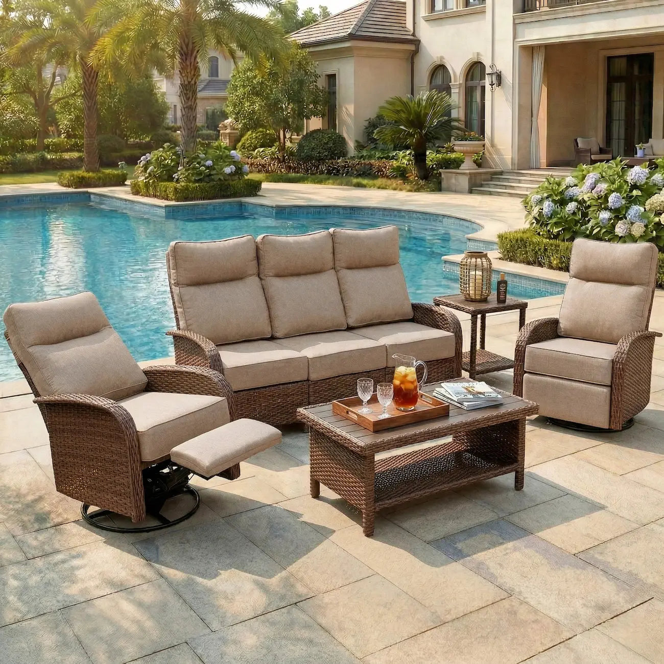 Velscape 5PC Patio Wicker Swivel Glider Recliners Motion Sofa Set, Blue