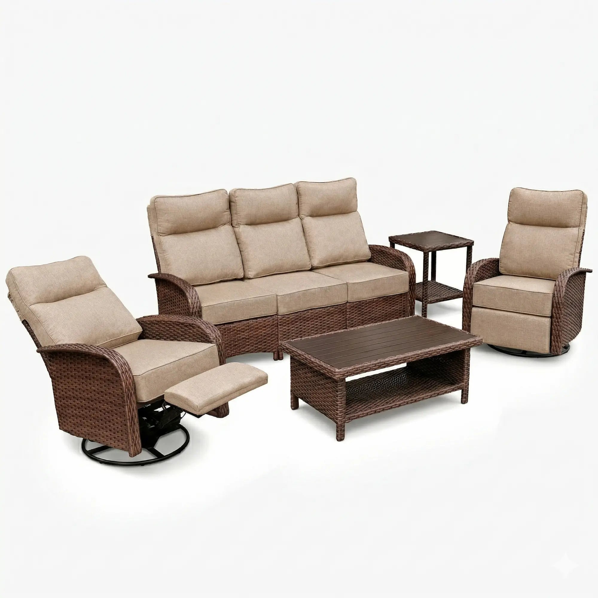 Velscape 5PC Patio Wicker Swivel Glider Recliners Motion Sofa Set, Blue