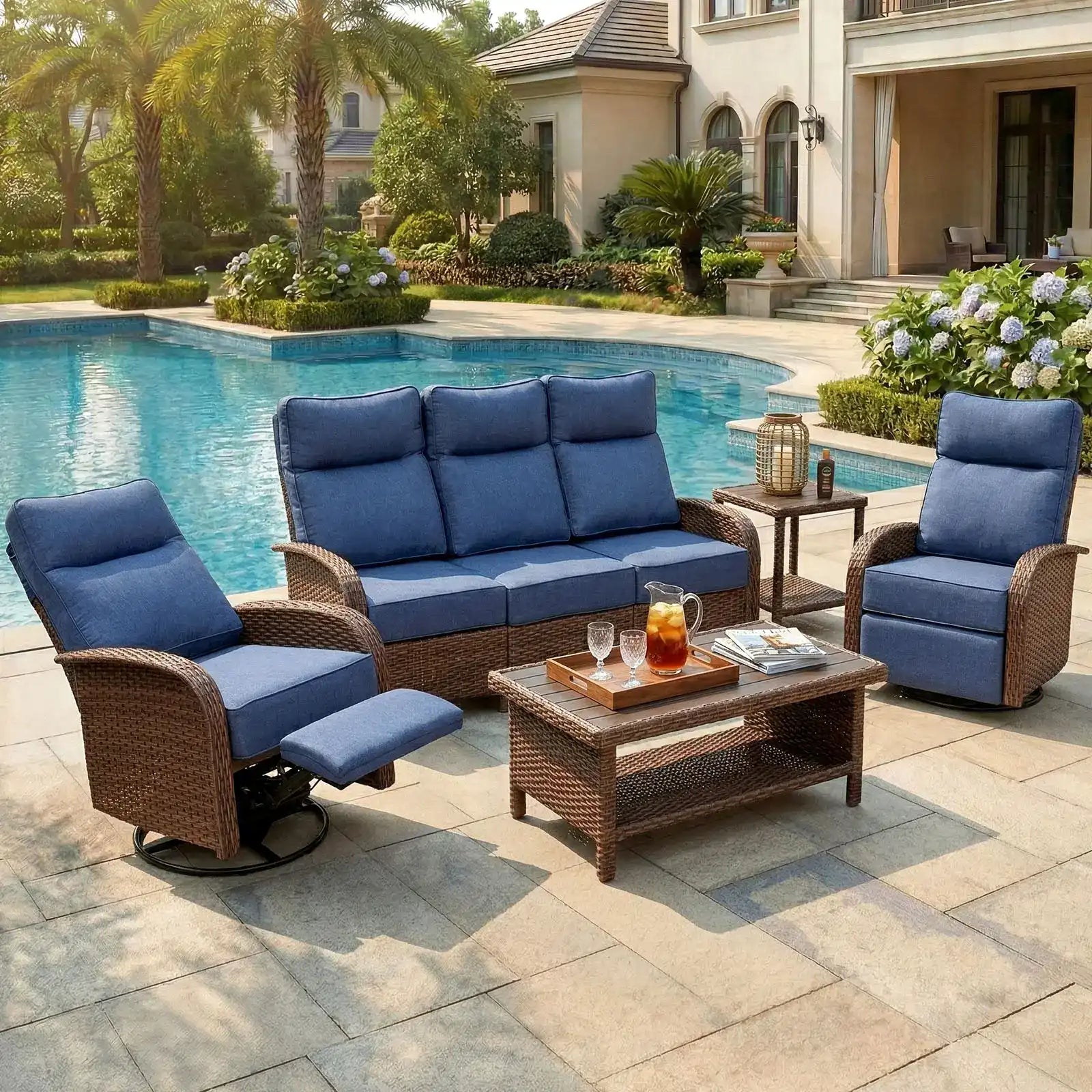 Velscape Blue 5PC Patio Wicker Swivel Glider Recliner Motion Sofa Set