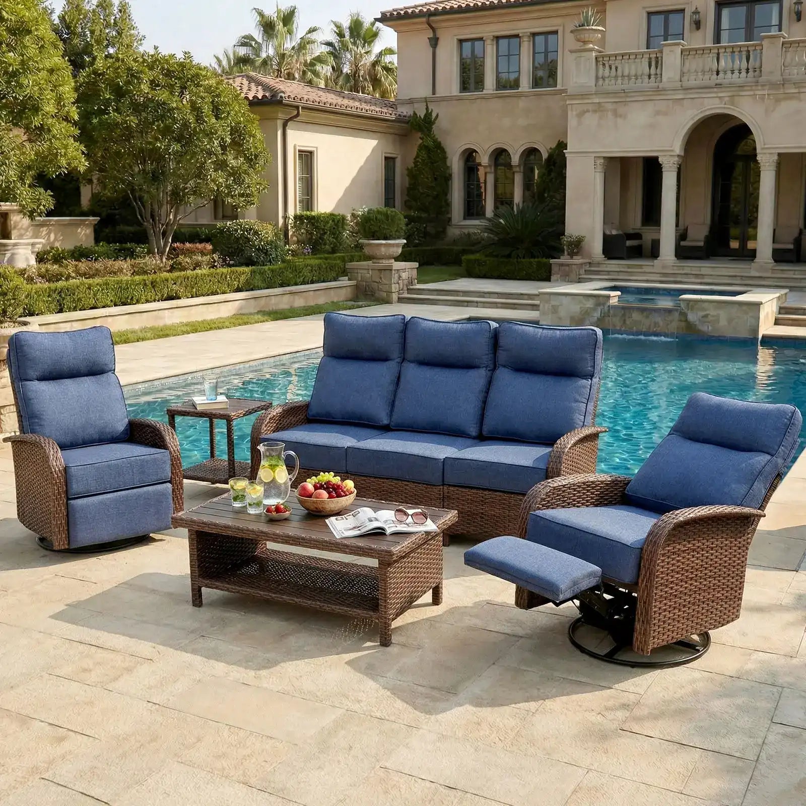 Velscape 5PC Patio Wicker Swivel Glider Recliners Motion Sofa Set, Blue