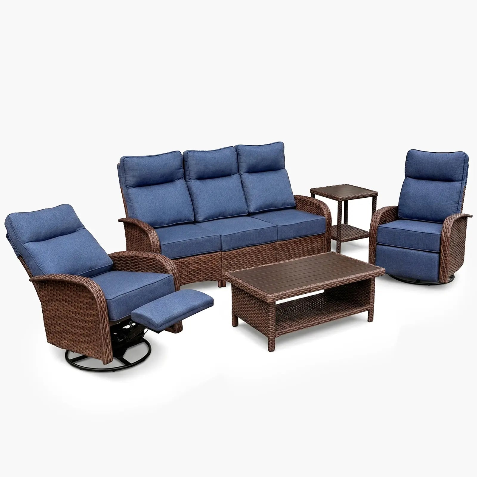 Velscape 5PC Patio Wicker Swivel Glider Recliners Motion Sofa Set, Blue
