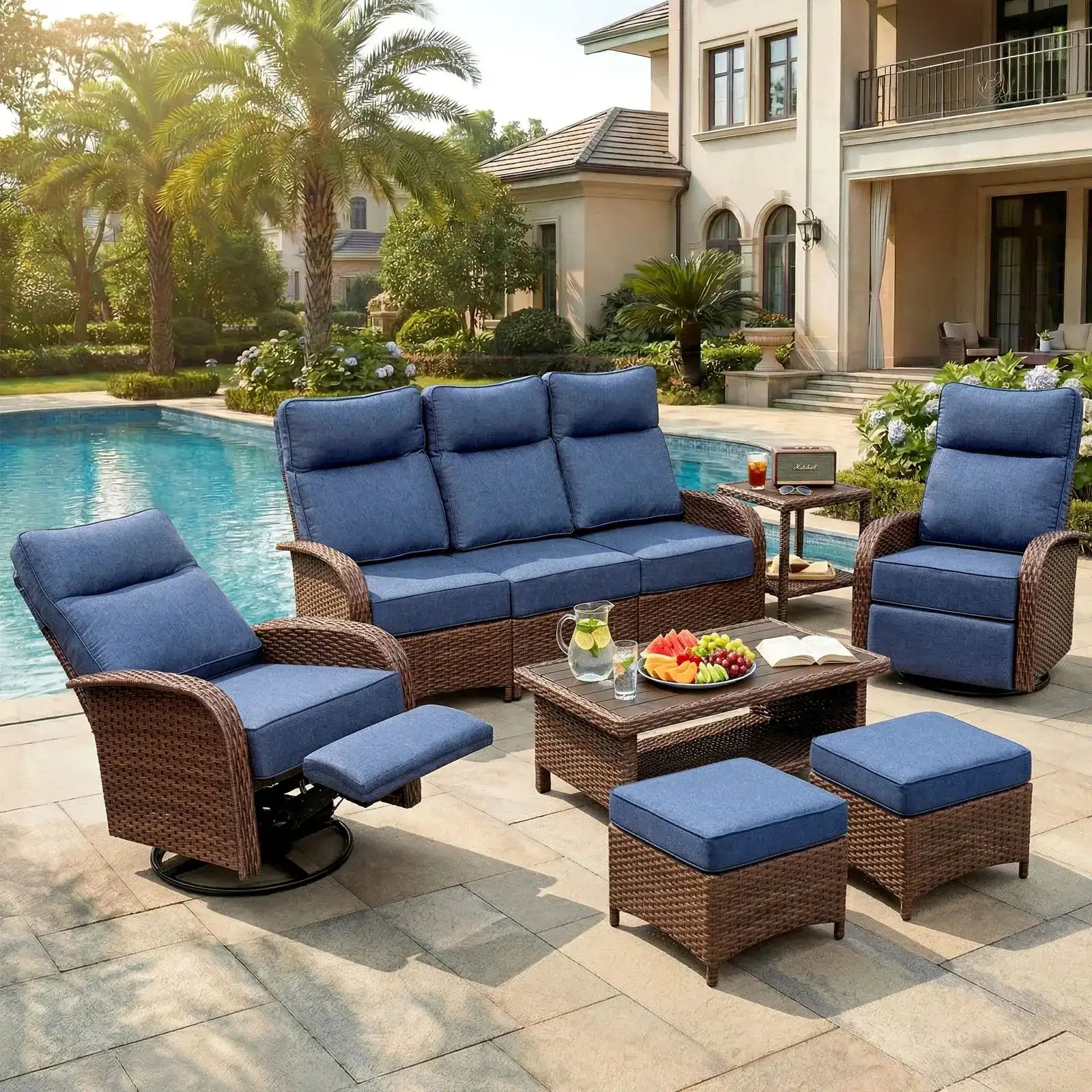 Velscape 7PC Patio Wicker Swivel Glider Recliner Motion Sofa Set, with Ottoman, Blue