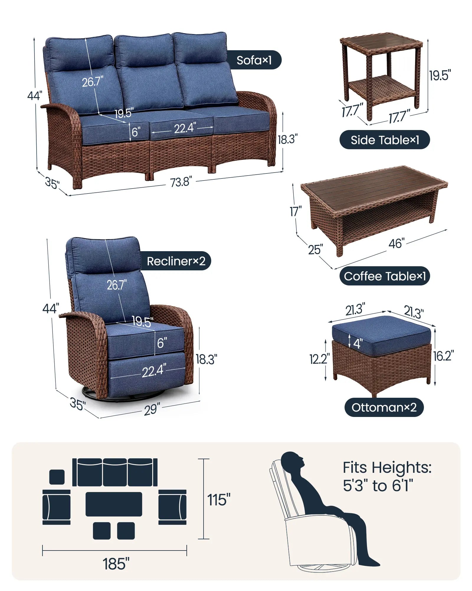 Velscape 7PC Patio Wicker Swivel Glider Recliner Motion Sofa Set, with Ottoman, Blue