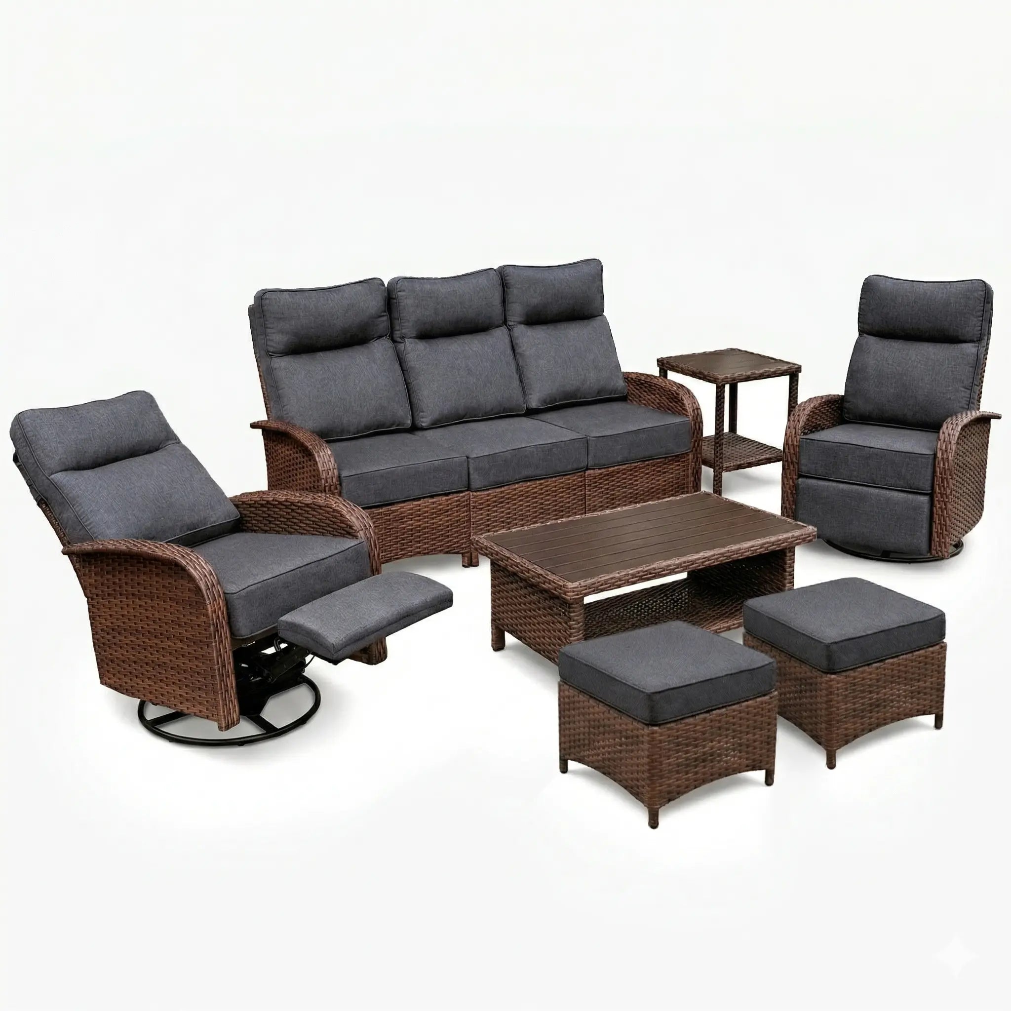 Velscape 7PC Patio Wicker Swivel Glider Recliner Motion Sofa Set, with Ottoman, Blue