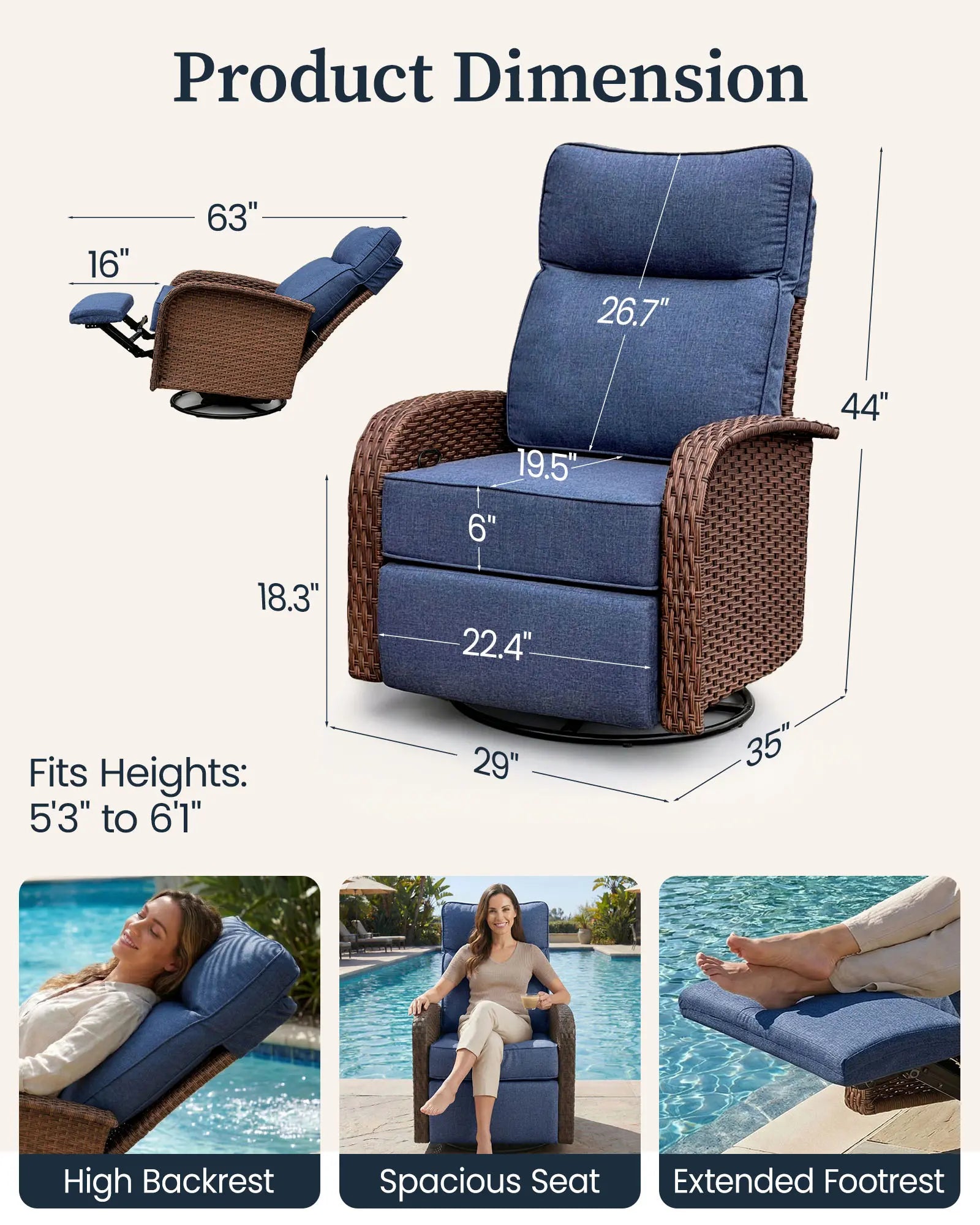 Velscape 3PC 3-in-1 Patio Wicker Swivel Glider Recliners Set, 6" Thick Cushion & High-Back, Blue