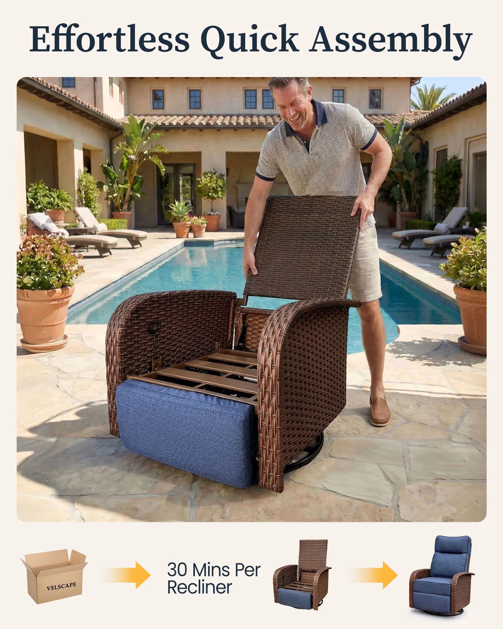 Velscape 3PC 3-in-1 Patio Wicker Swivel Glider Recliners Set, 6" Thick Cushion & High-Back, Blue