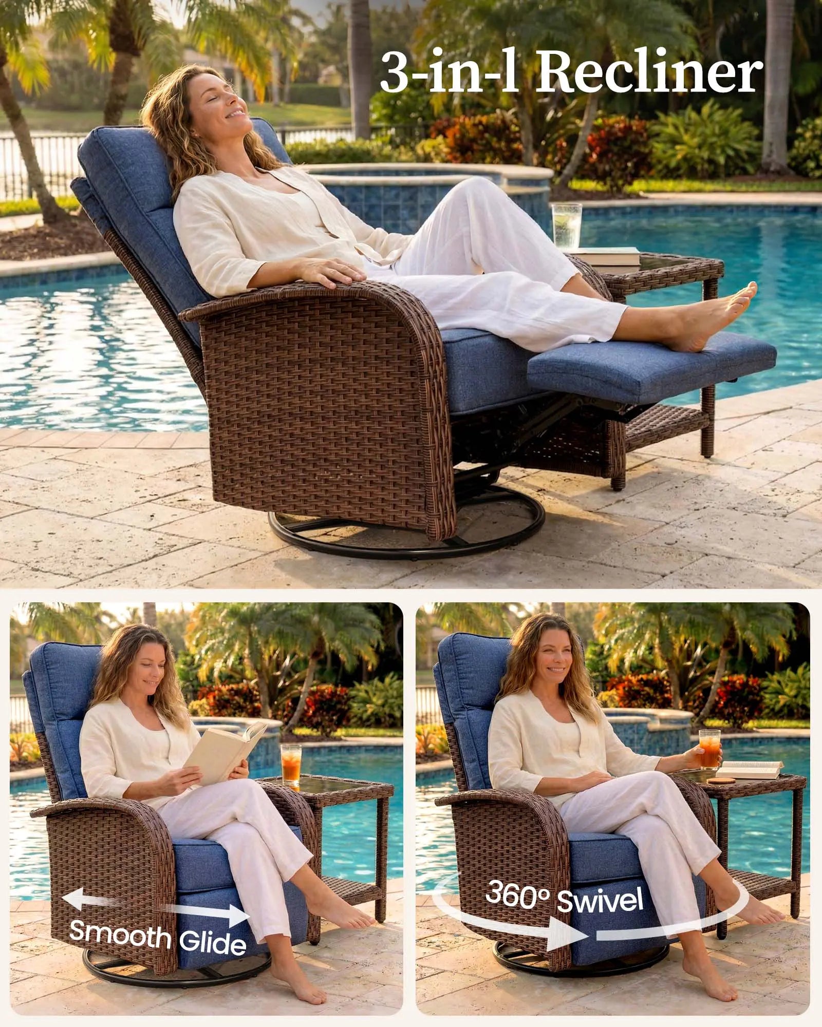 Velscape 3PC 3-in-1 Patio Wicker Swivel Glider Recliners Set, 6" Thick Cushion & High-Back, Blue