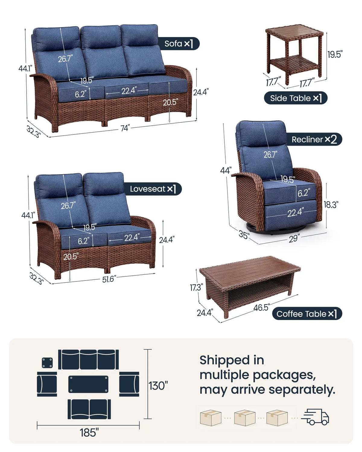 6PC Blue Resort-Grade Patio Wicker Motion Sofa Set with Swivel Glider Recliners