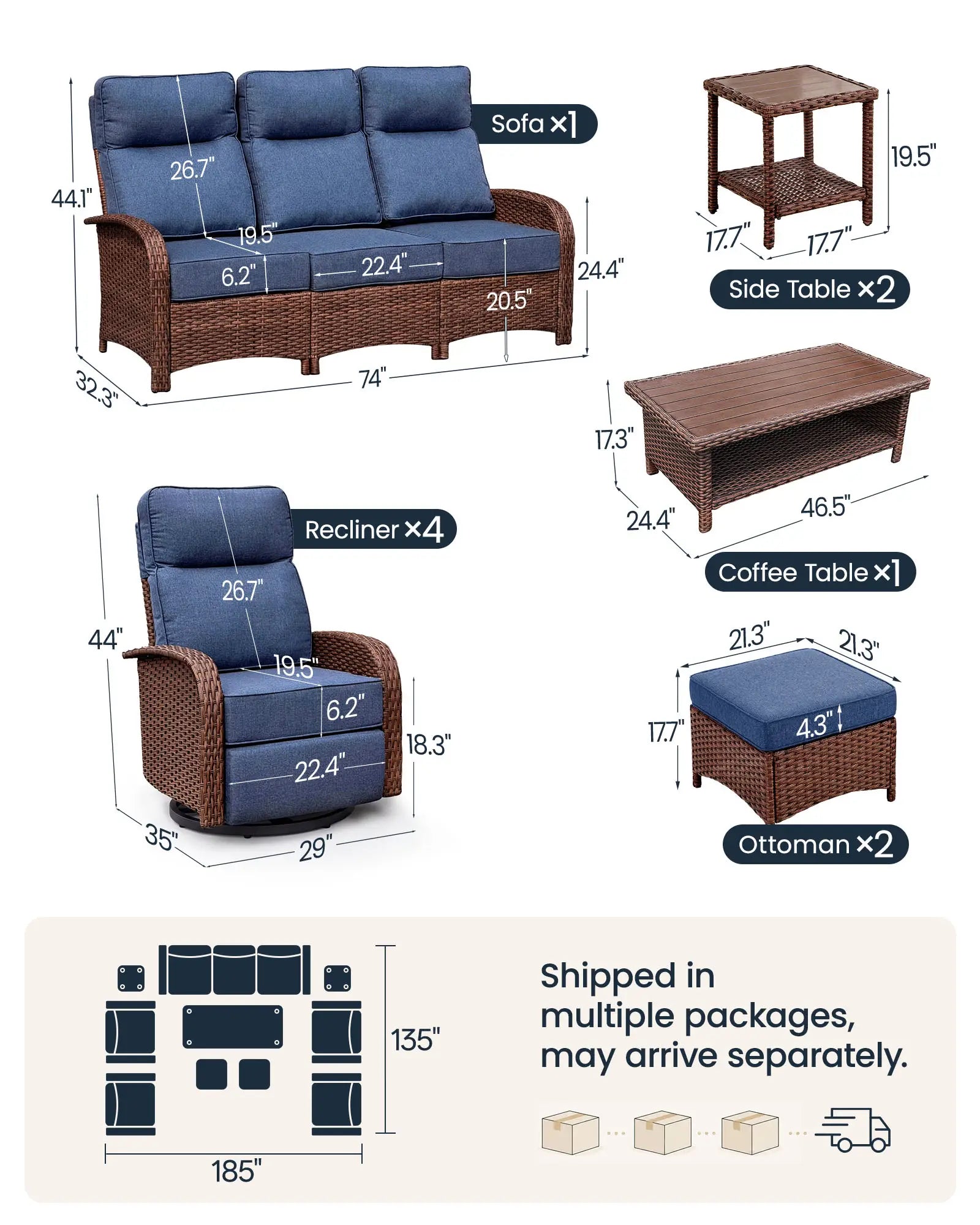 Velscape Blue 10PC Patio Wicker Swivel Glider Recliner Motion Sofa Set