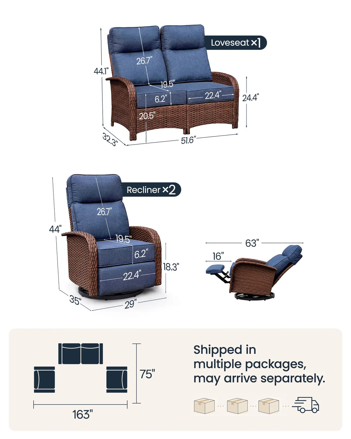 3PC Blue Resort-Grade Loveseat Patio Wicker Motion Sofa Set with Swivel Glider Recliners
