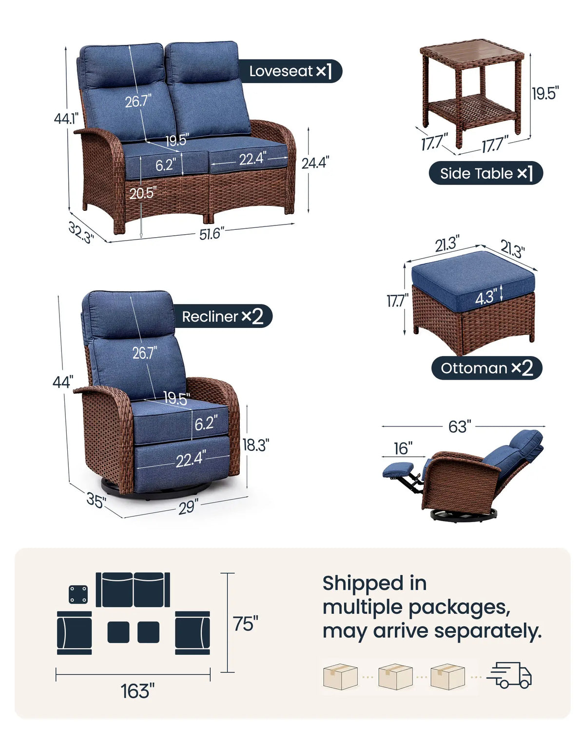6PC Blue Resort-Grade Loveseat Patio Wicker Motion Sofa Set with Swivel Glider Recliners
