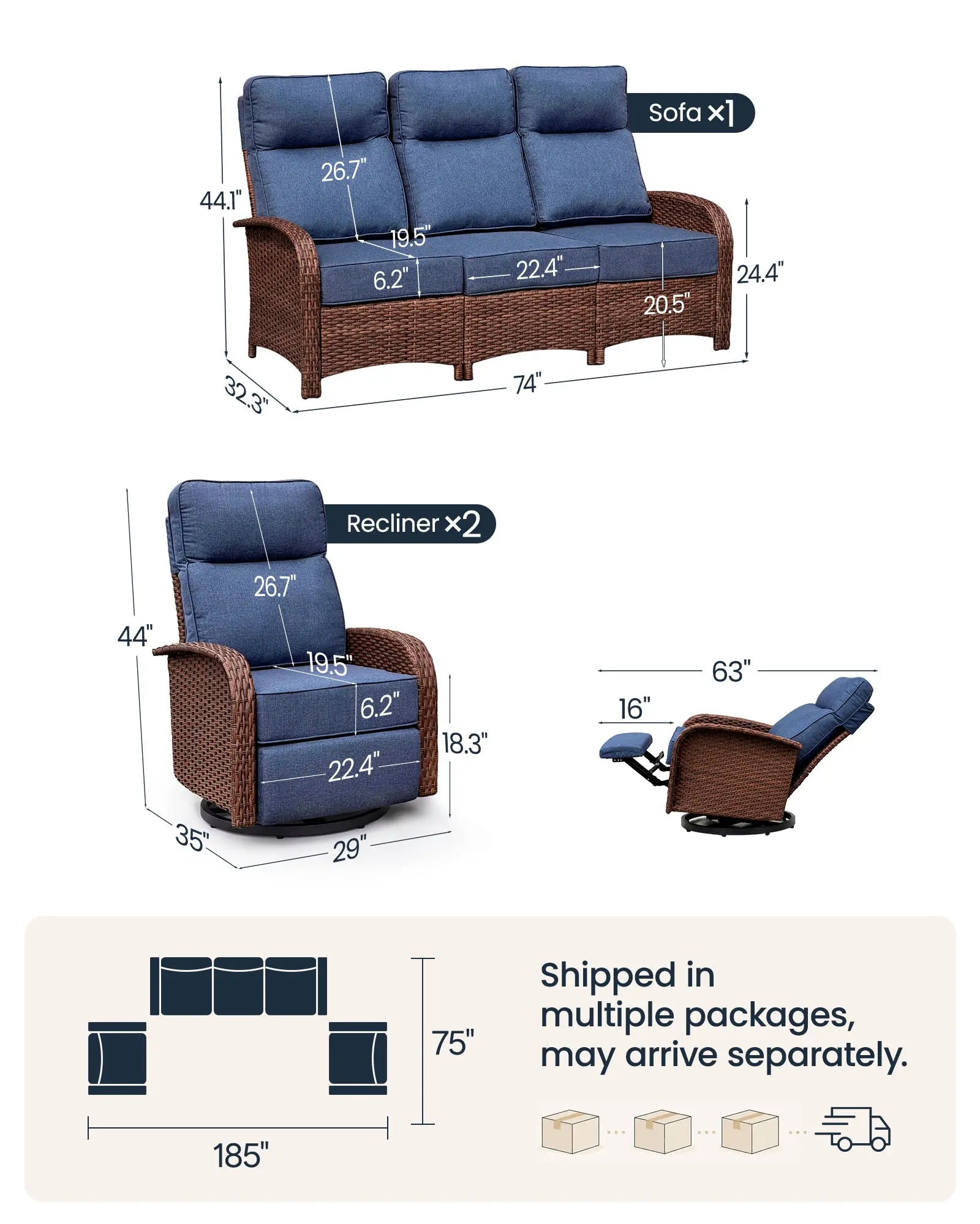 Velscape Blue 3PC Patio Wicker Swivel Glider Recliner Motion Sofa Set