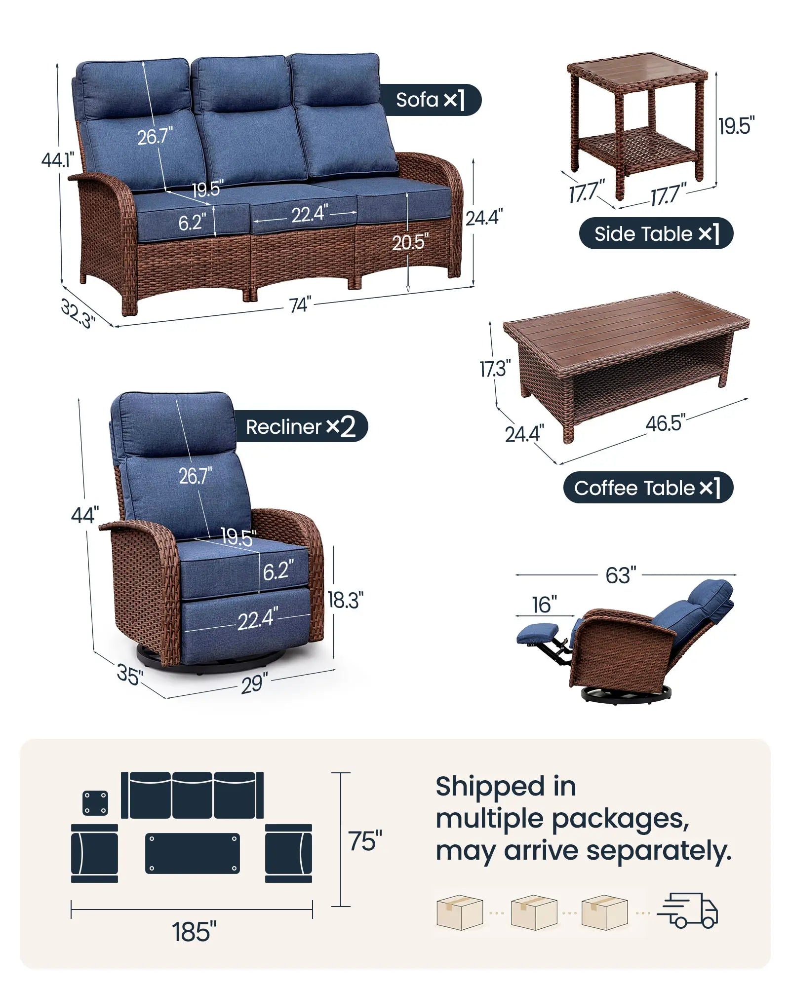 Velscape Blue 5PC Patio Wicker Swivel Glider Recliner Motion Sofa Set