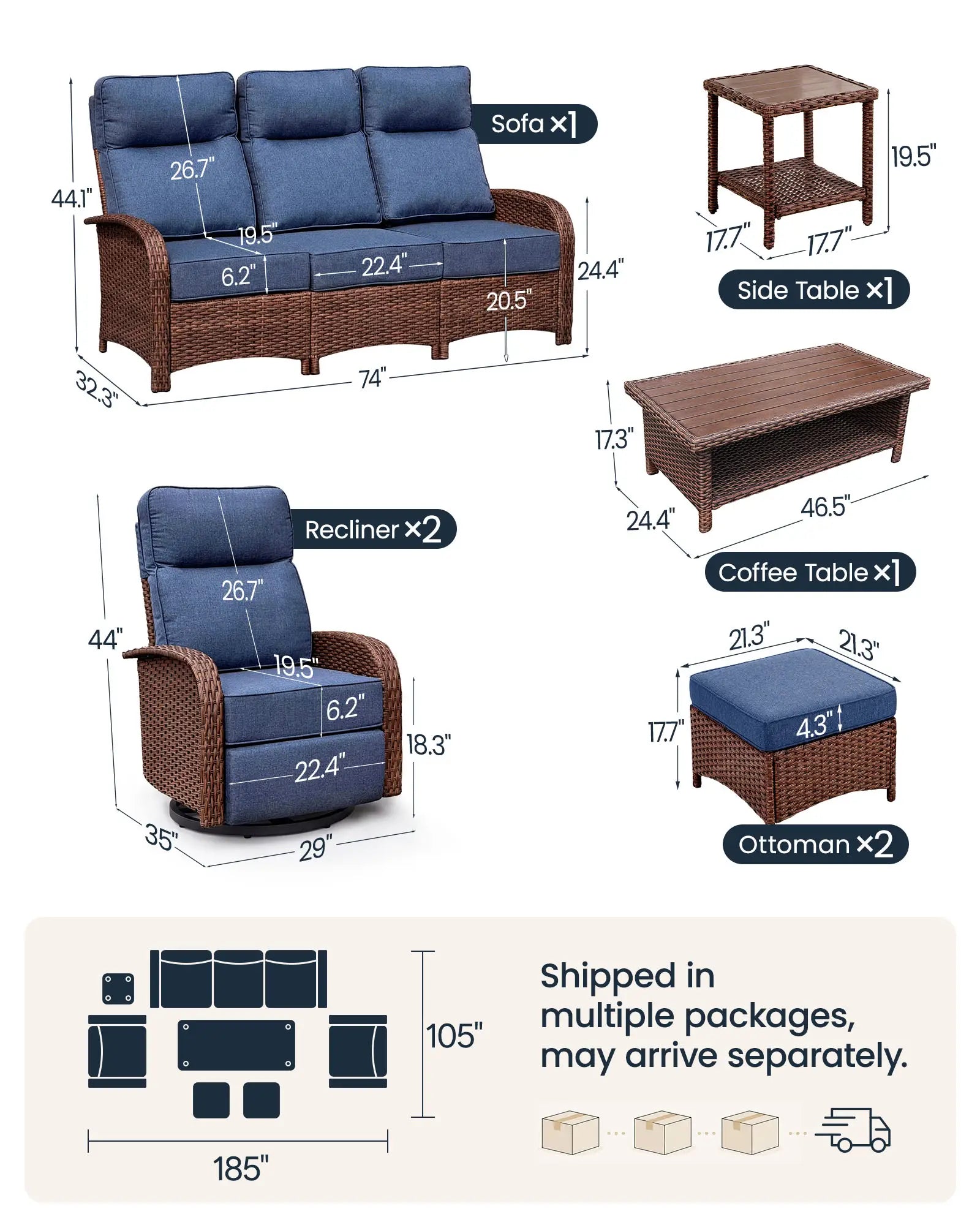 Velscape Blue 7PC Patio Wicker Swivel Glider Recliner Motion Sofa Set
