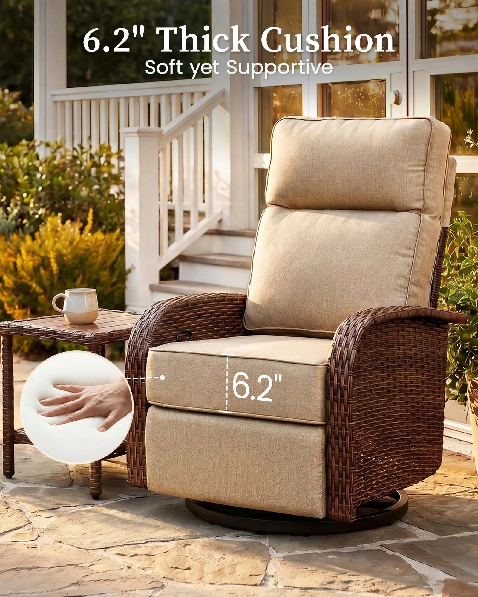 Velscape Beige 2PC 3-in-1 Patio Wicker Swivel Glider Recliner Set with Side Table