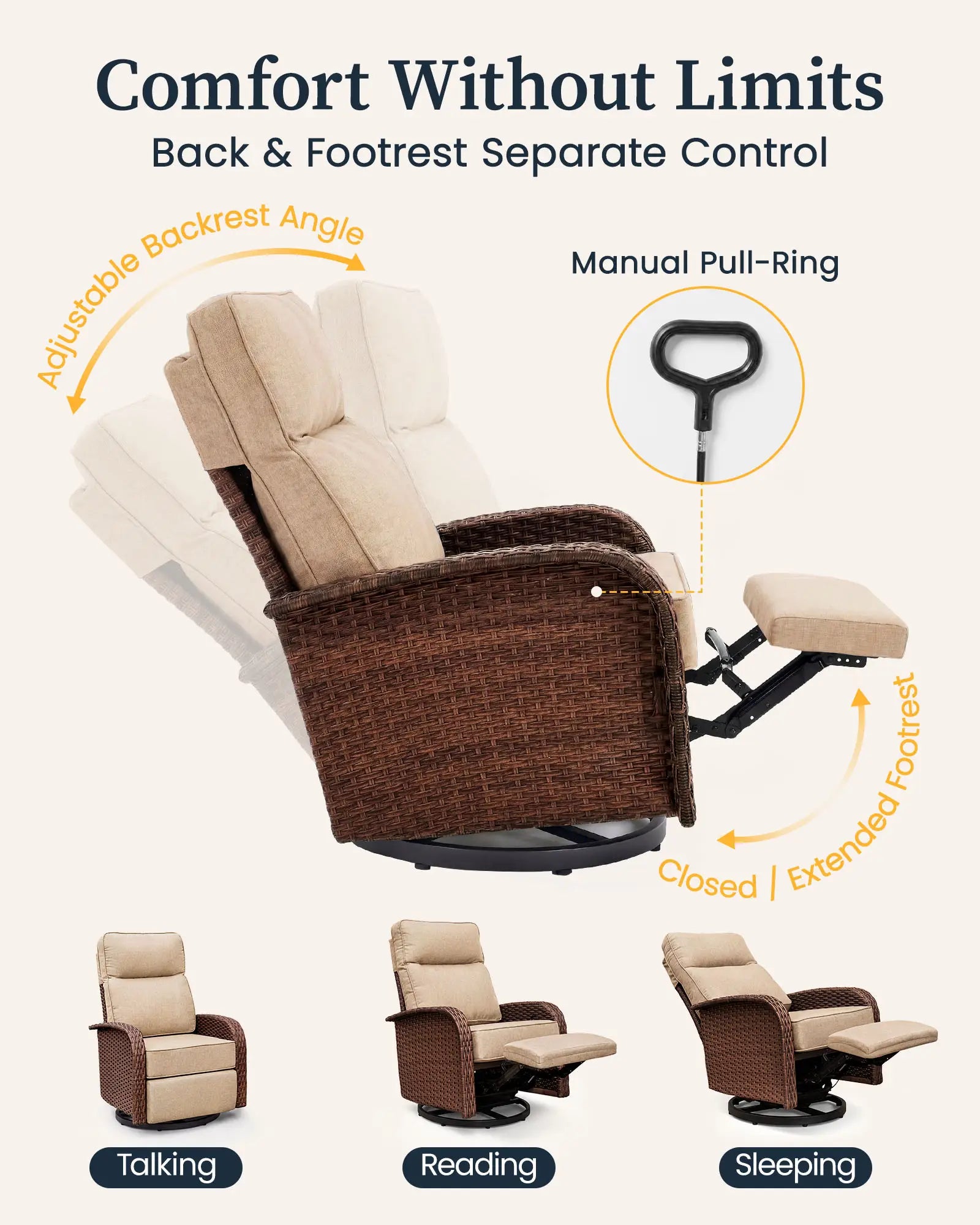 Velscape Beige 2PC 3-in-1 Patio Wicker Swivel Glider Recliner Set with Side Table
