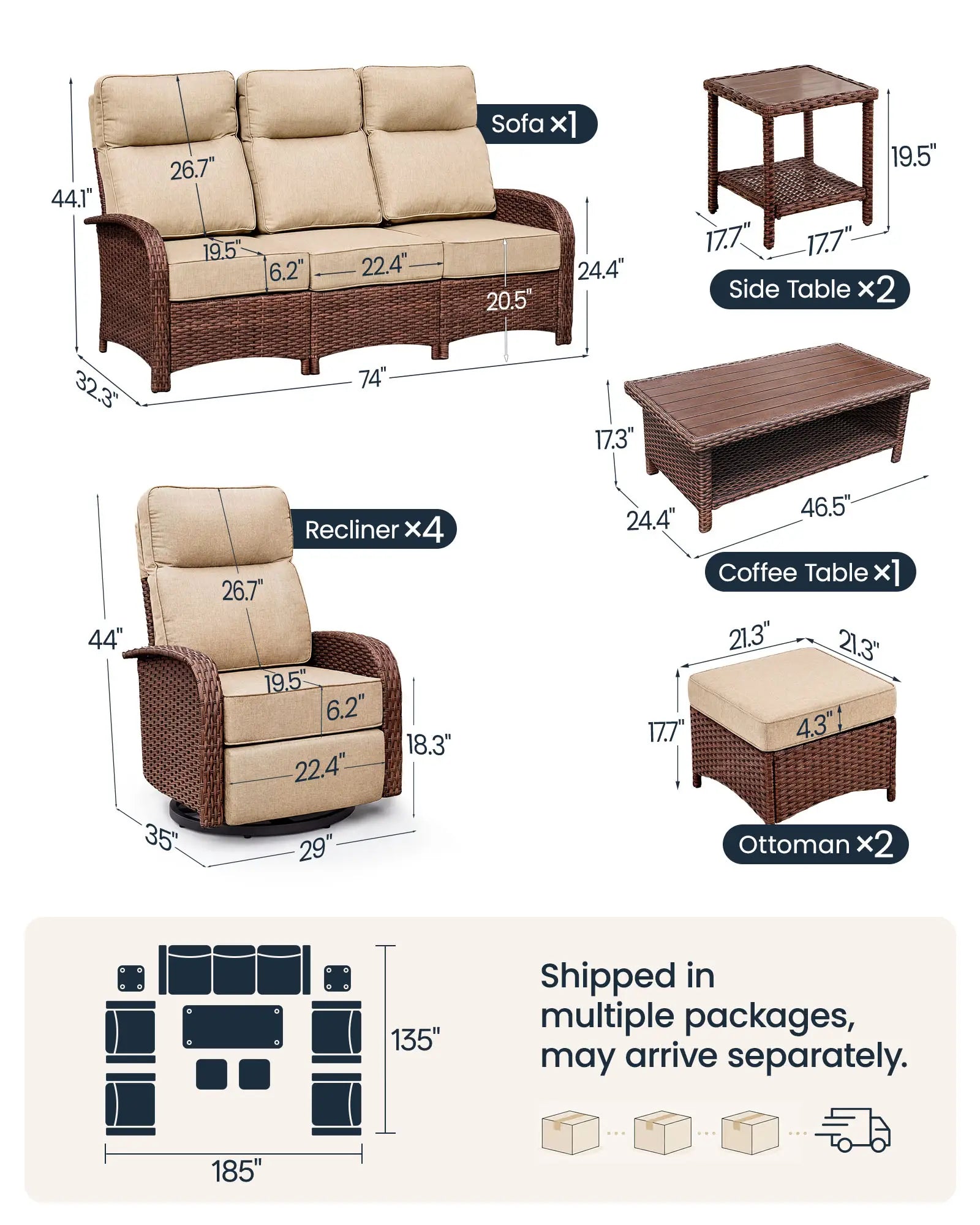 Velscape Beige 10PC Patio Wicker Swivel Glider Recliner Motion Sofa Set
