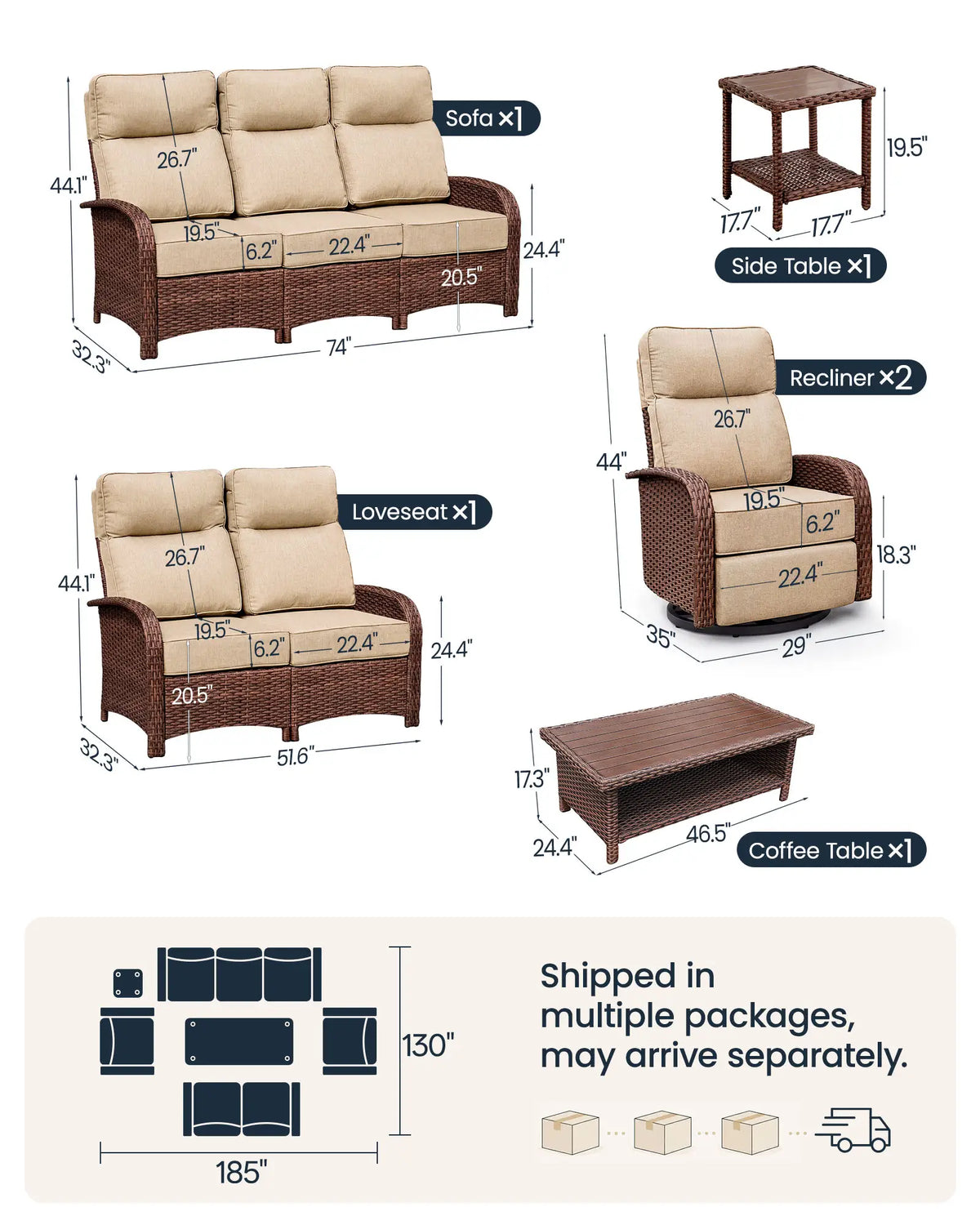 6PC Beige Resort-Grade Patio Wicker Motion Sofa Set with Swivel Glider Recliners