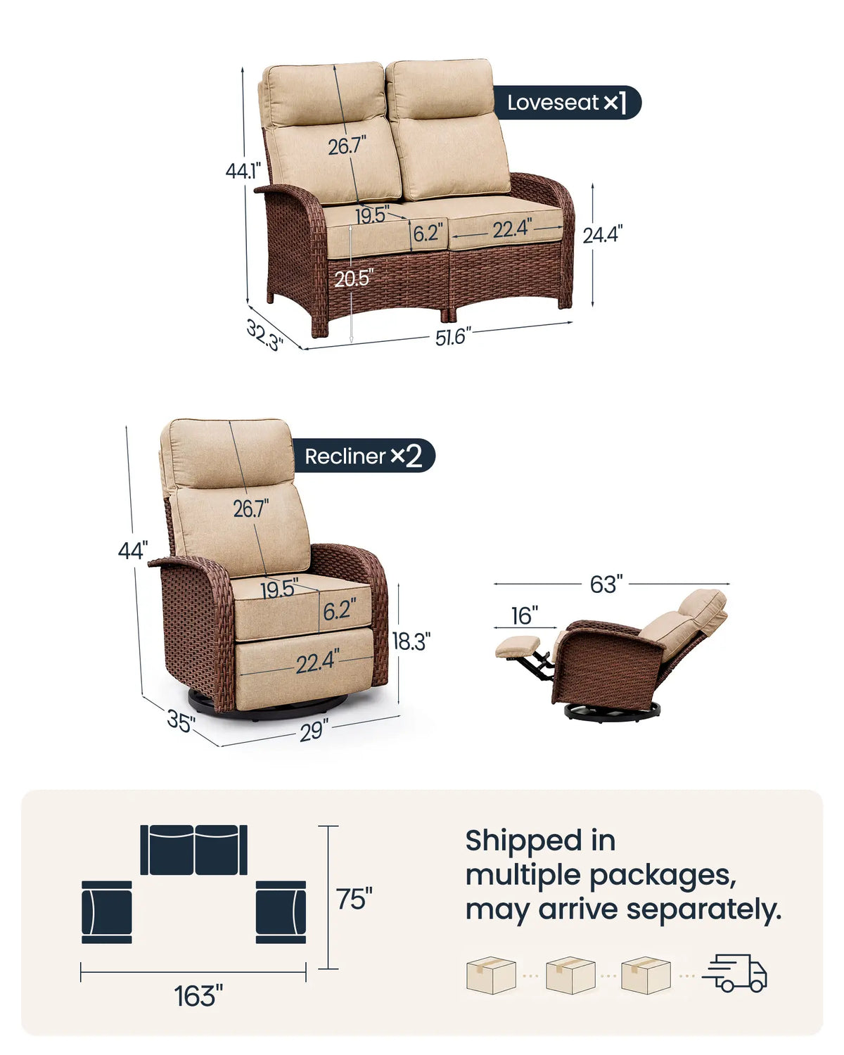 3PC Beige Resort-Grade Loveseat Patio Wicker Motion Sofa Set with Swivel Glider Recliners