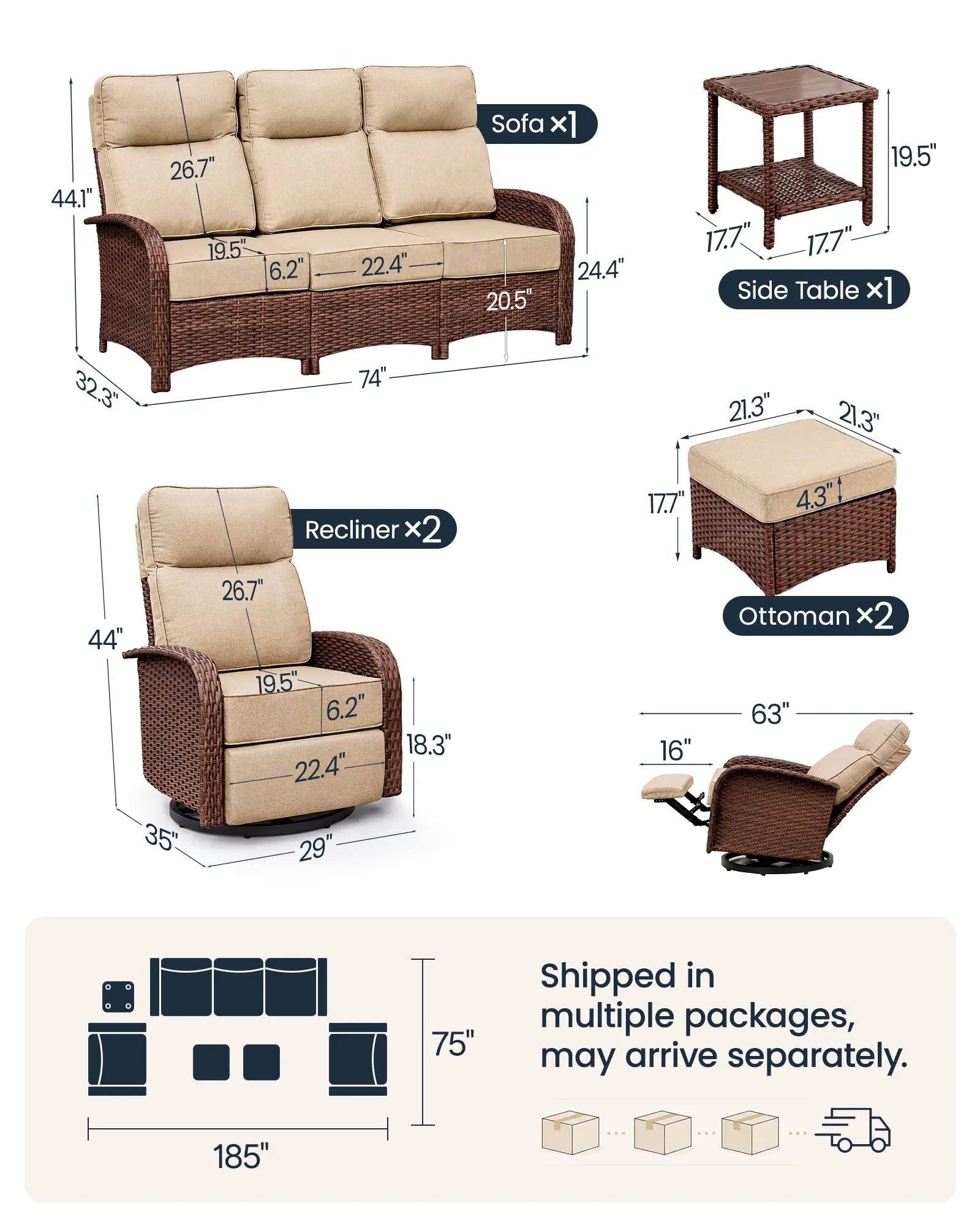 Velscape Beige 6PC Patio Wicker Swivel Glider Recliner Motion Sofa Set