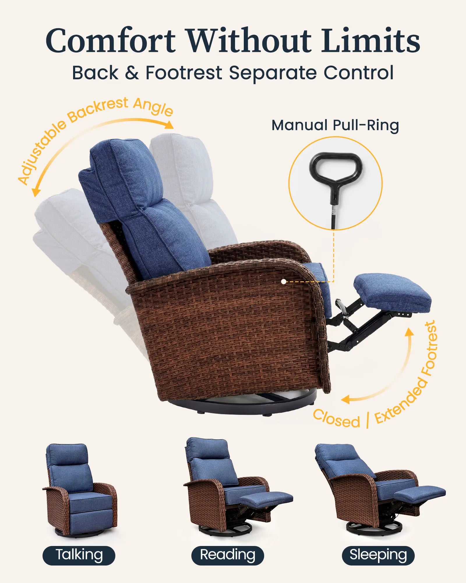 Velscape Blue 2PC 3-in-1 Patio Wicker Swivel Glider Recliner Set with Side Table