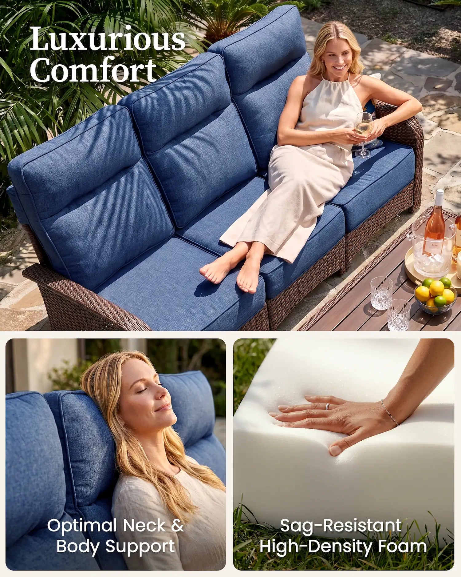 Velscape Blue 7PC Patio Wicker Swivel Glider Recliner Motion Sofa Set