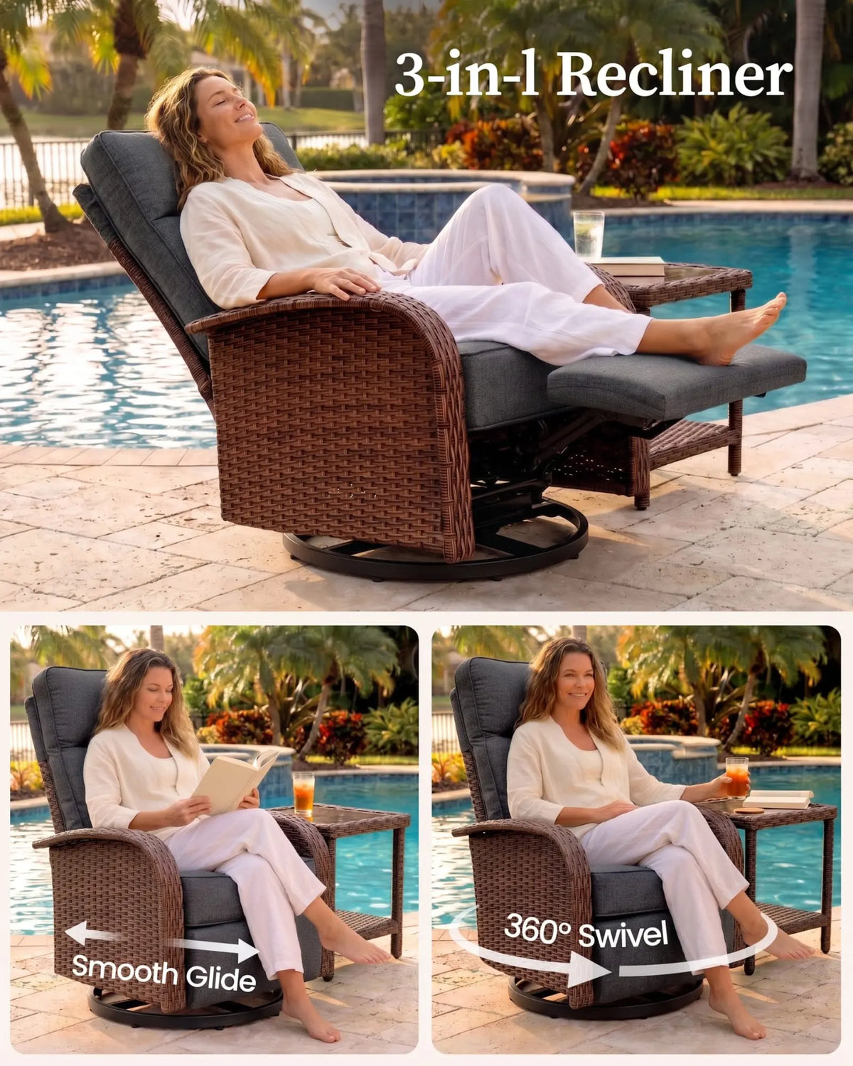 3PC Dark Grey Resort-Grade Patio Wicker Motion Sofa Set with Swivel Glider Recliners