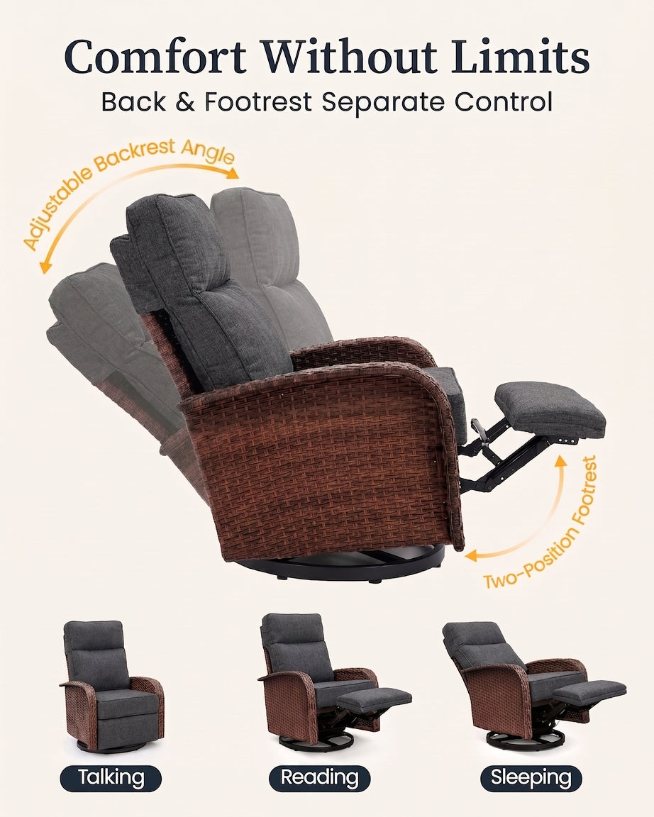5PC Dark Grey Resort-Grade Patio Wicker Motion Sofa Set with Swivel Glider Recliners