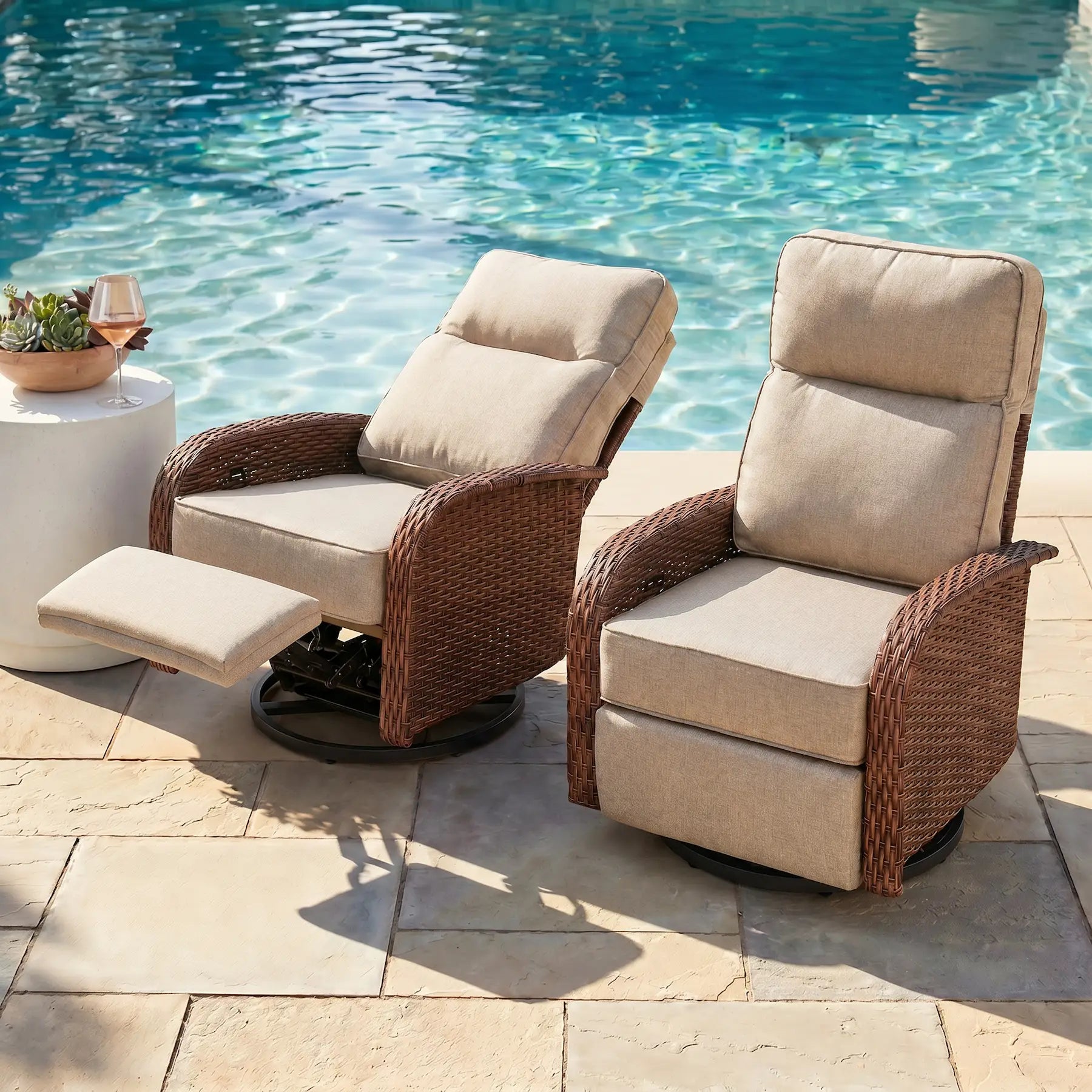 Velscape Beige 2PC 3-in-1 Patio Wicker Swivel Glider Recliners