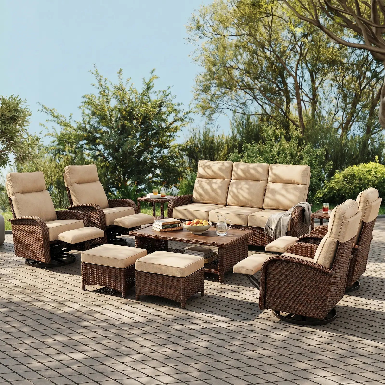 Velscape Beige 10PC Patio Wicker Swivel Glider Recliner Motion Sofa Set