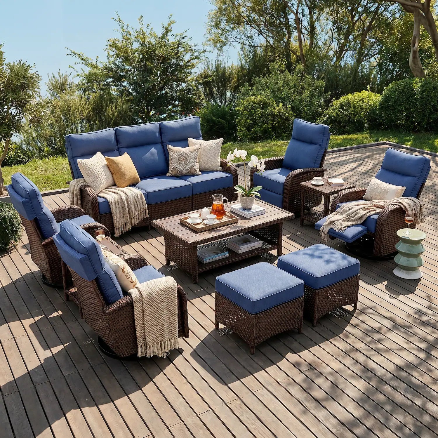 Velscape Blue 10PC Patio Wicker Swivel Glider Recliner Motion Sofa Set
