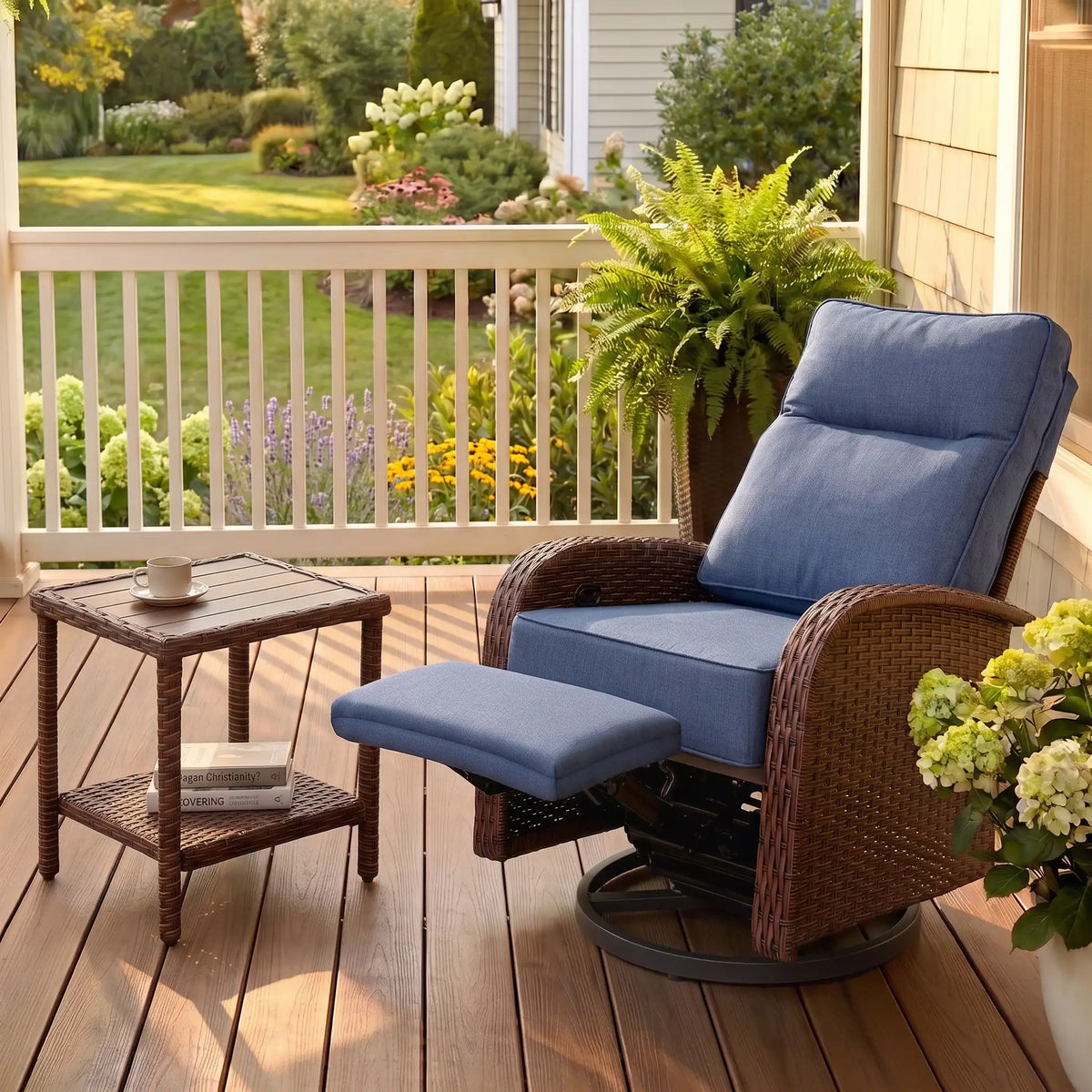 2PC Blue Resort-Grade 3-in-1 Patio Wicker Swivel Glider Recliner Set with Side Table