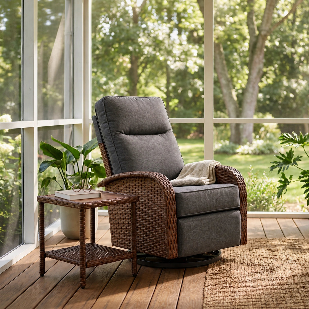 2PC Dark Grey Resort-Grade 3-in-1 Patio Wicker Swivel Glider Recliner Set with Side Table