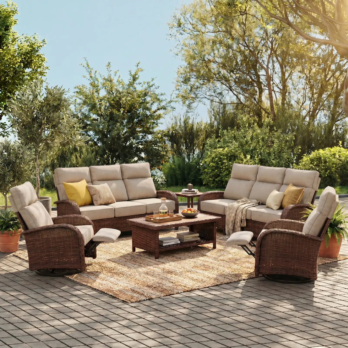 6PC Beige Resort-Grade Patio Wicker Motion Sofa Set with Swivel Glider Recliners