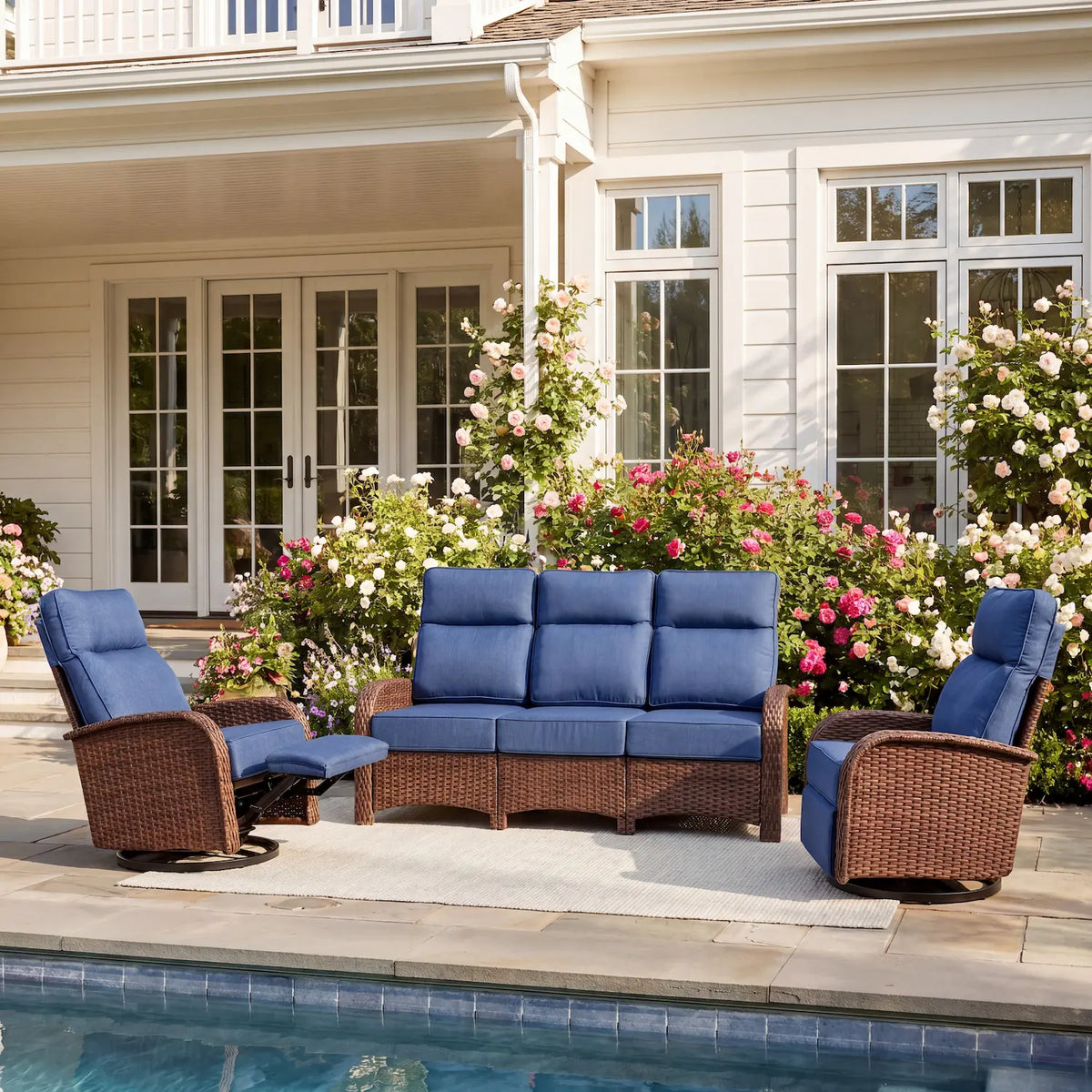 3PC Blue Resort-Grade Patio Wicker Motion Sofa Set with Swivel Glider Recliners