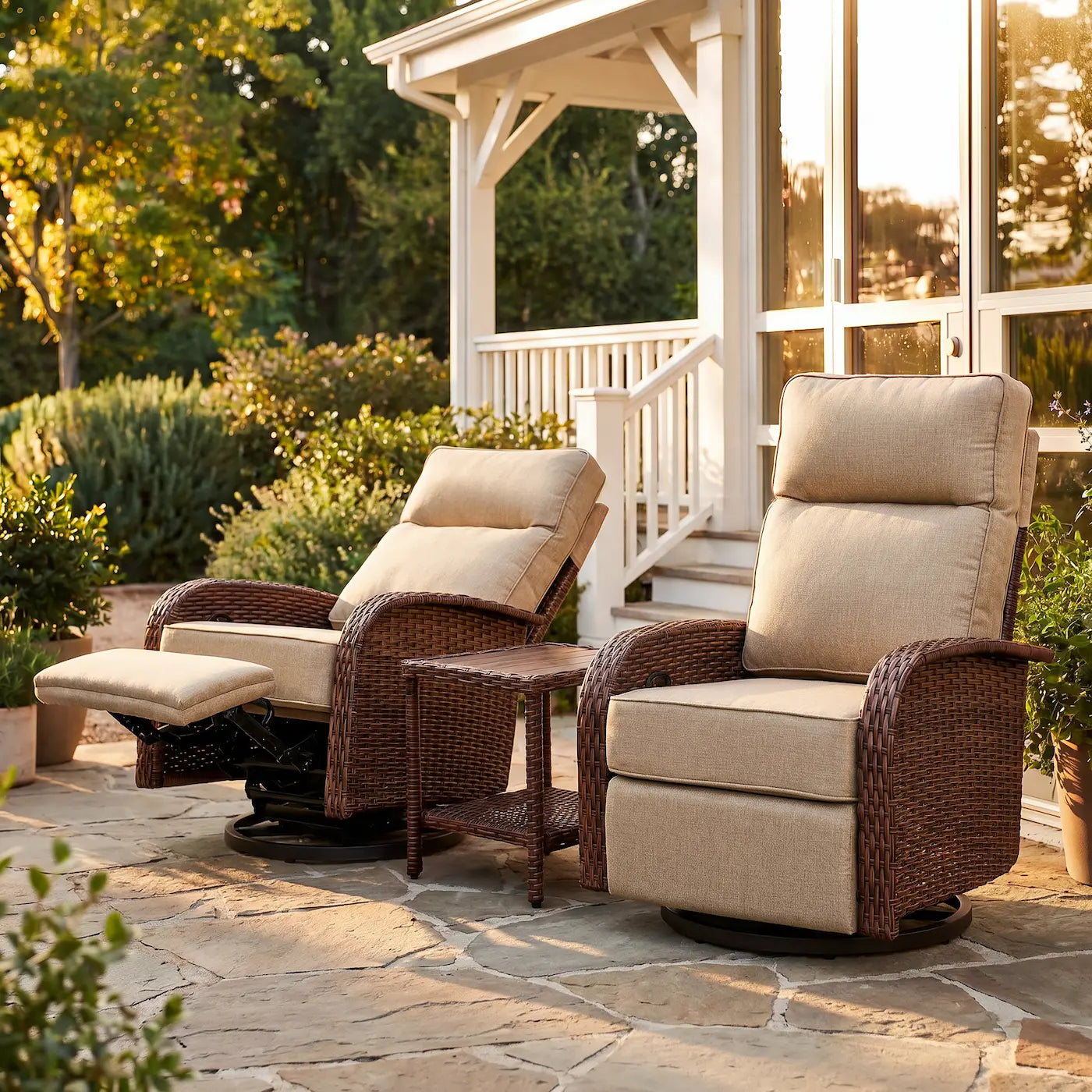 Velscape Beige 3PC 3-in-1 Patio Wicker Swivel Glider Recliner Set with Side Table