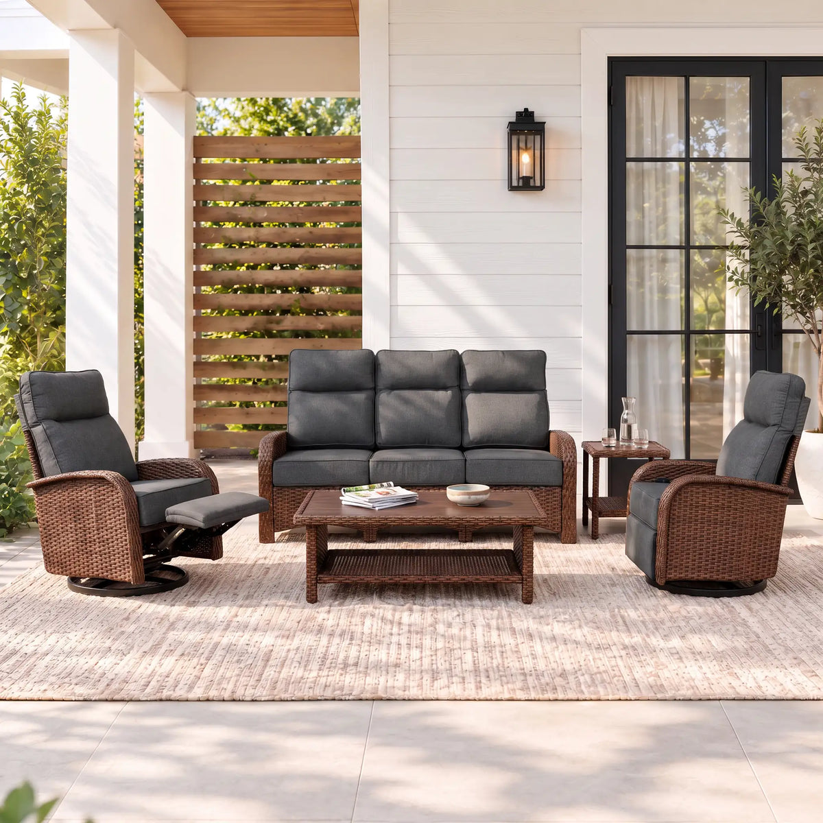 Gray 5-piece patio furniture set with two reclining chairs, three-seat sofa, coffee table, and side table