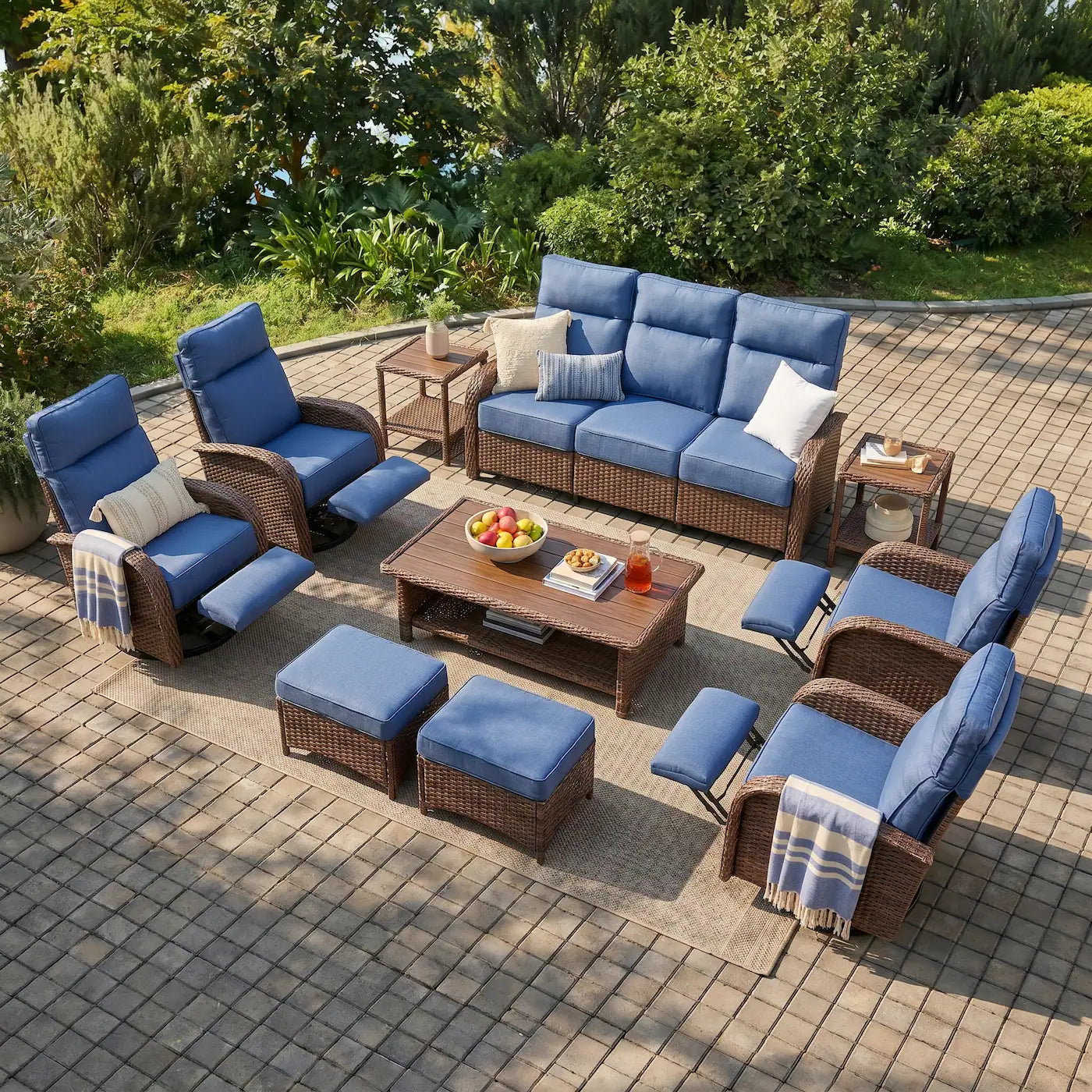 Velscape Blue 10PC Patio Wicker Swivel Glider Recliner Motion Sofa Set