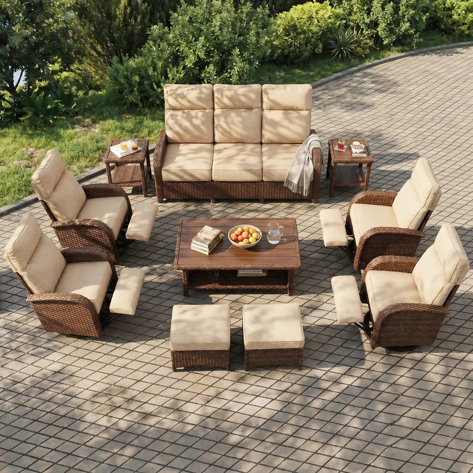 Velscape Beige 10PC Patio Wicker Swivel Glider Recliner Motion Sofa Set