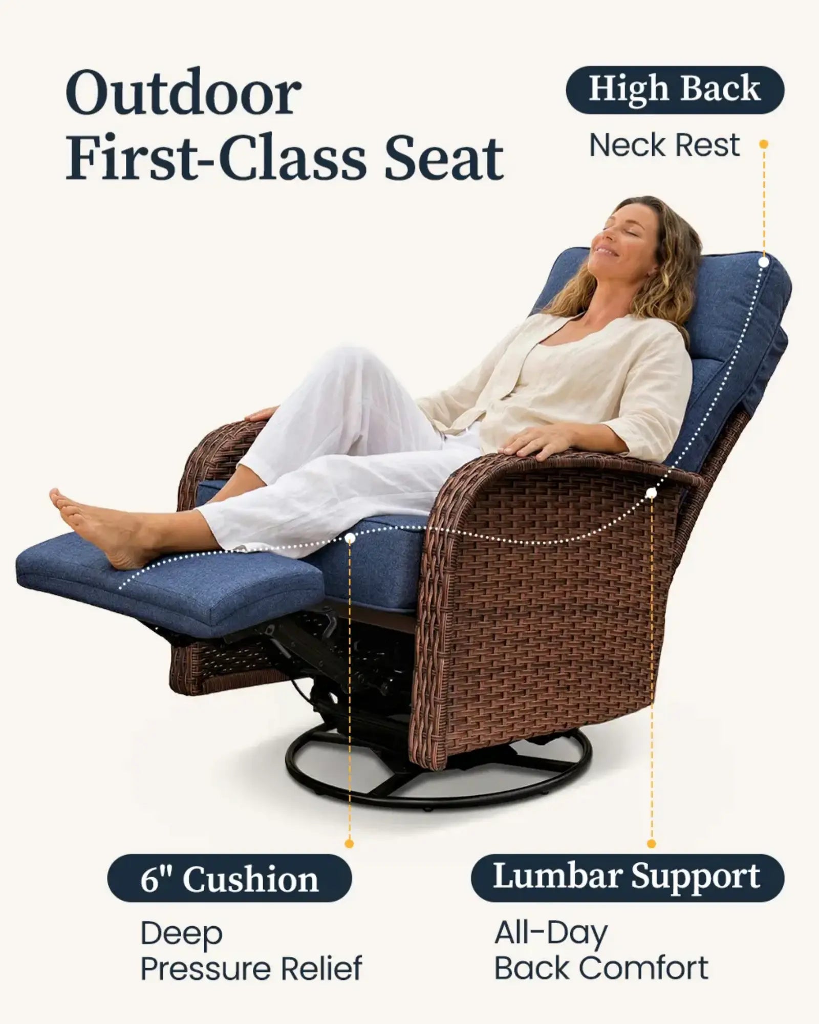 Velscape 3PC 3-in-1 Patio Wicker Swivel Glider Recliners Set, 6" Thick Cushion & High-Back, Blue