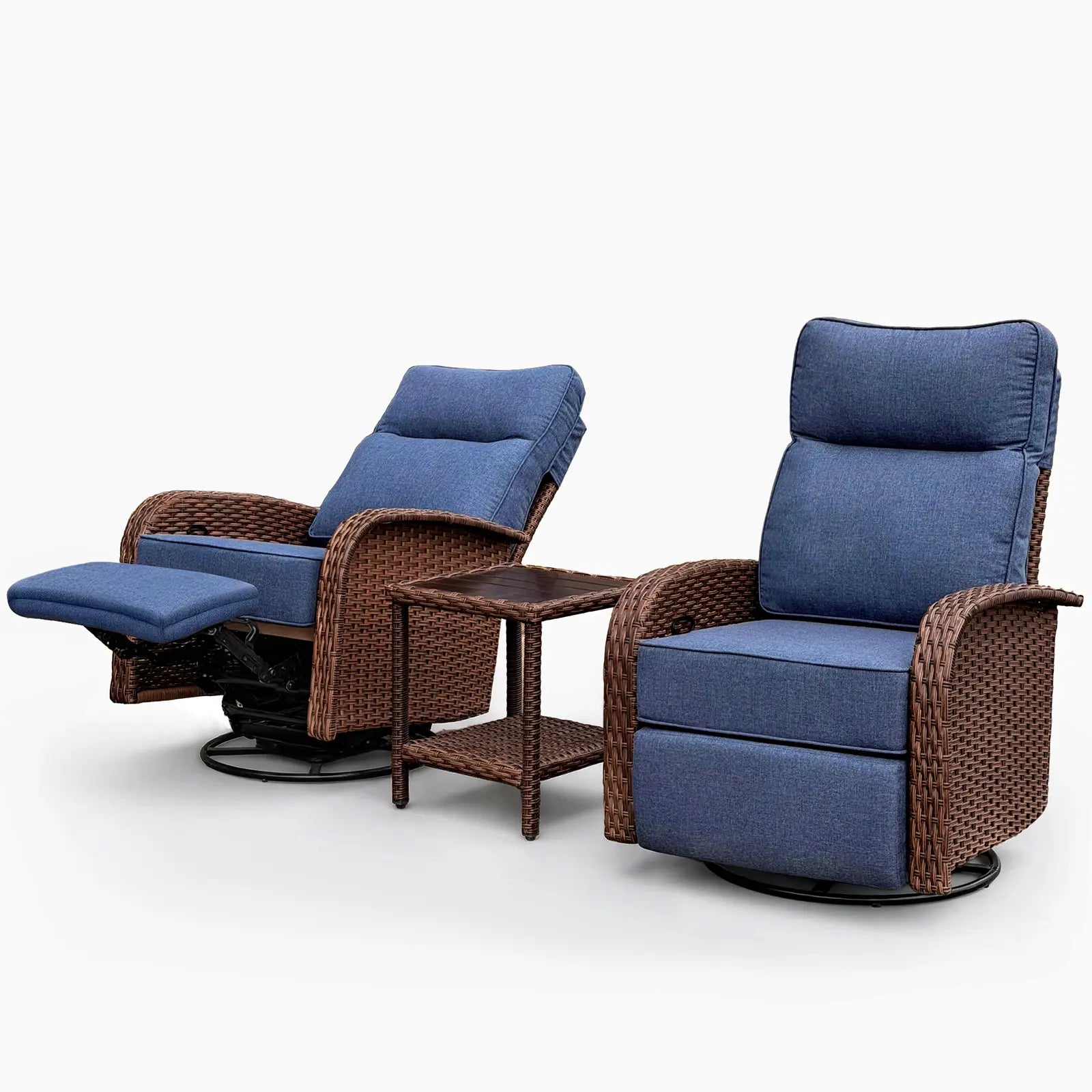 Velscape 3PC 3-in-1 Patio Wicker Swivel Glider Recliners Set, 6" Thick Cushion & High-Back, Blue