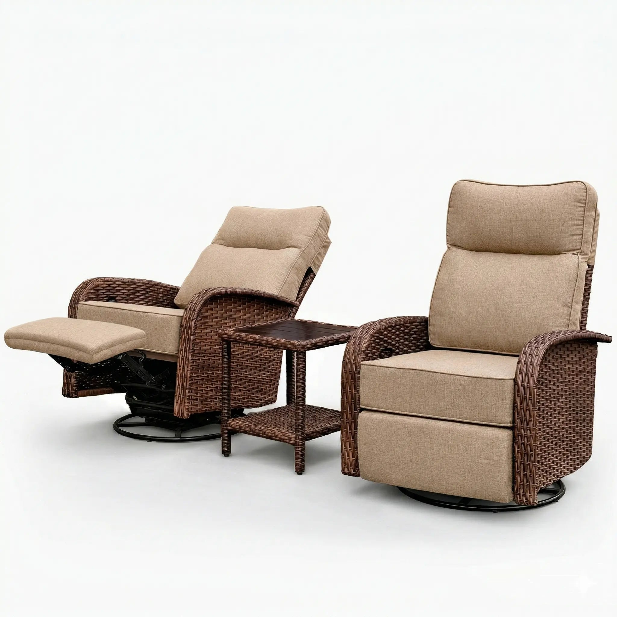 Velscape 3PC 3-in-1 Patio Wicker Swivel Glider Recliners Set, 6" Thick Cushion & High-Back, Blue