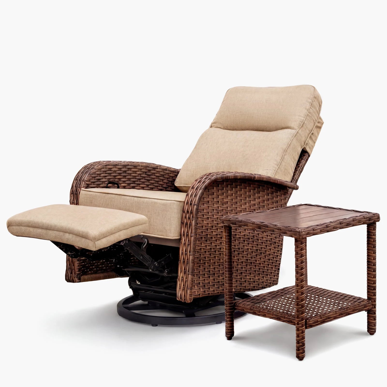 Velscape Beige 2PC 3-in-1 Patio Wicker Swivel Glider Recliner Set with Side Table