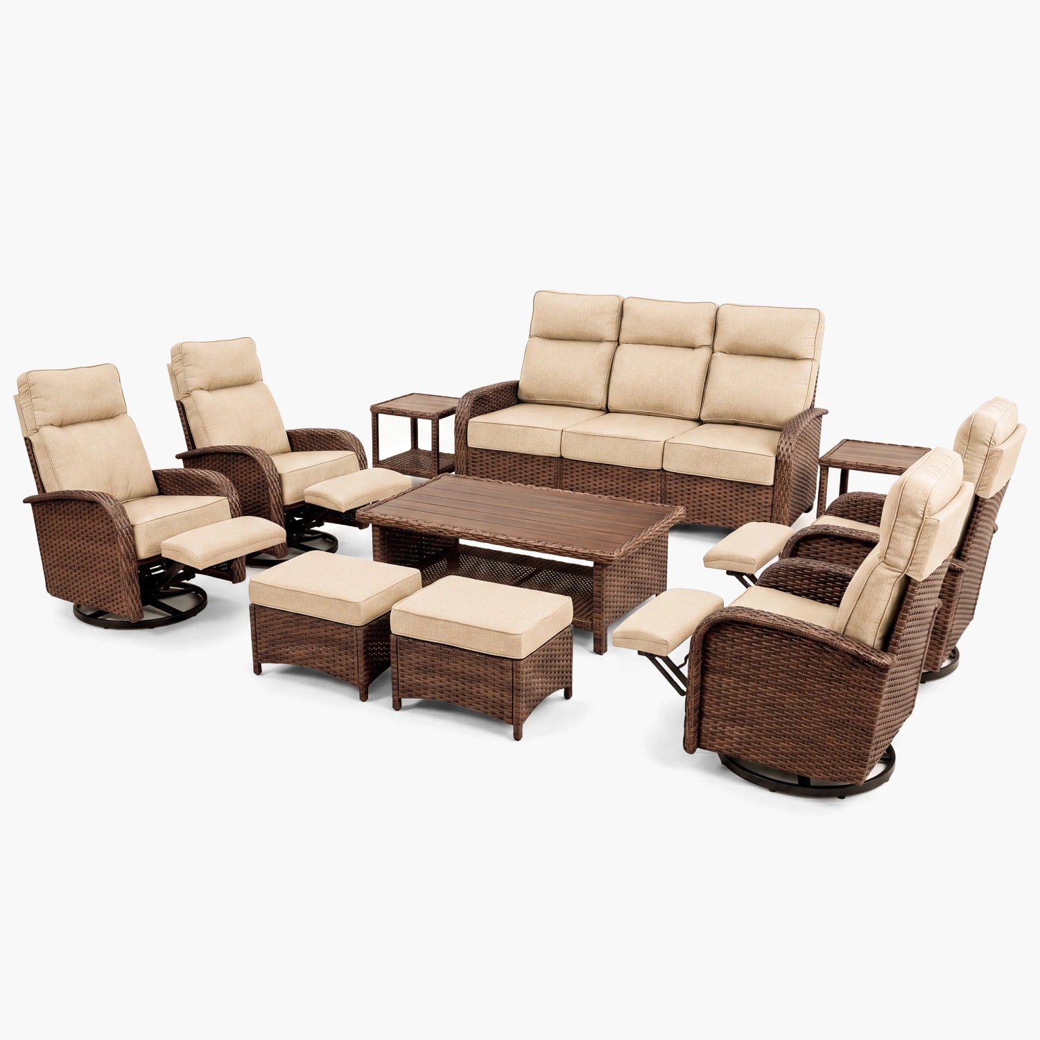 Velscape Beige 10PC Patio Wicker Swivel Glider Recliner Motion Sofa Set